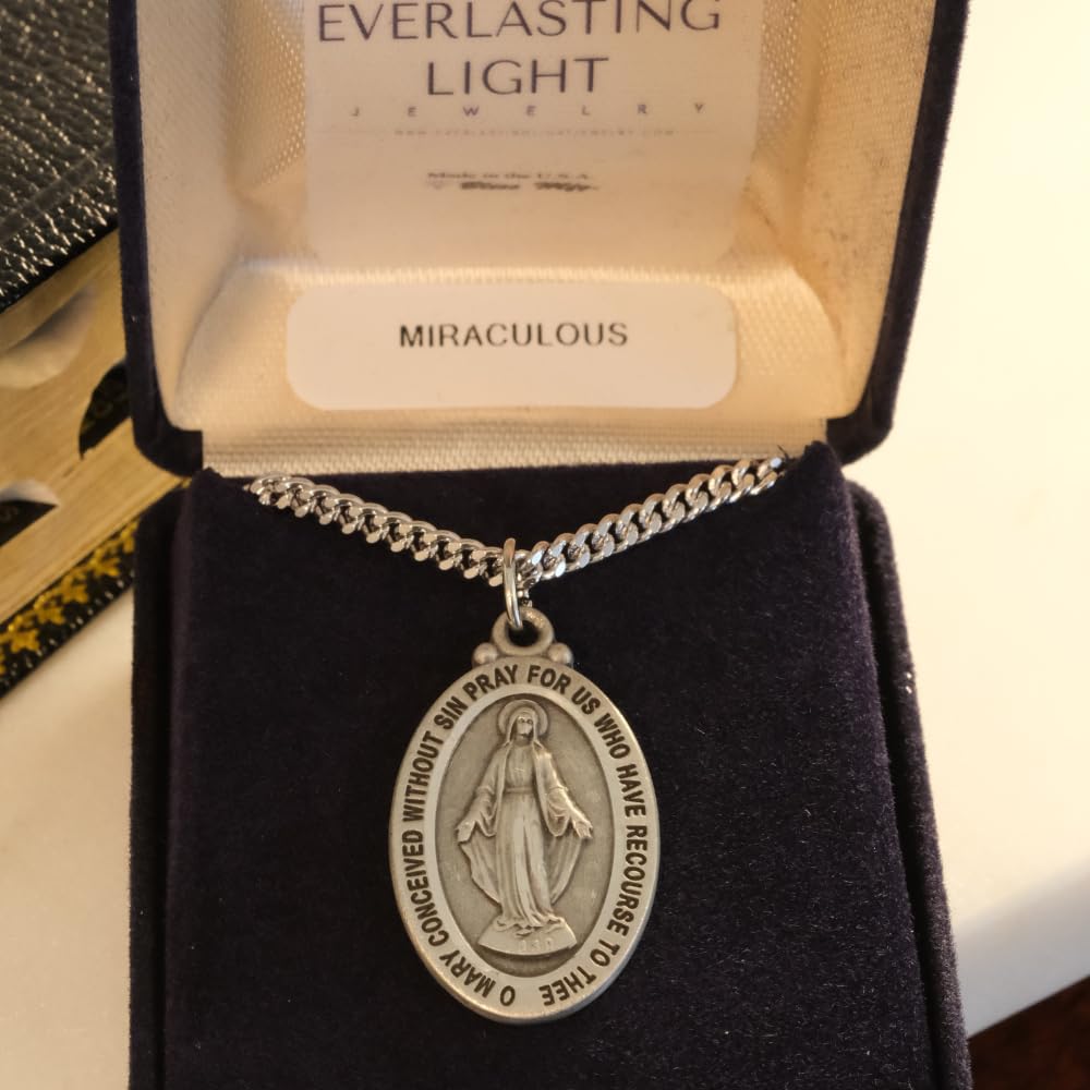 Everlasting Light Jewelry Pewter Miraculous Medal Pendant on 24 Inch - Catholic Religious Necklace Made in USA,Deluxe Ve