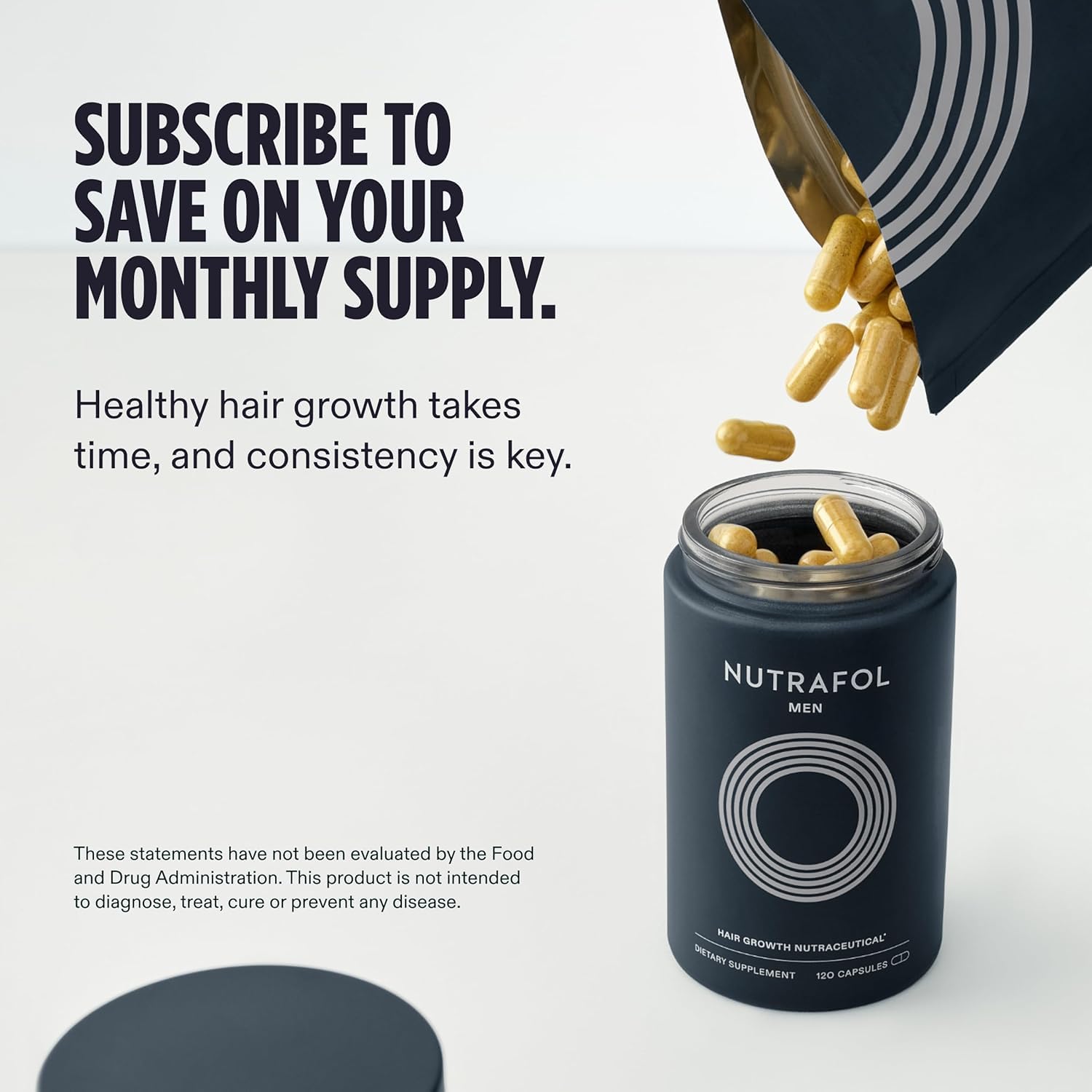 Nutrafol Men hair growth supplements, 2-month bundle, showing bottles of topical hair regrowth treatment for men aged 18-49.