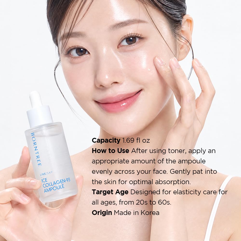 BORNTREE Like Sky Ice Marine Collagen 93 Ampoule 1.69 fl oz with 7 Types of Hyaluronic Acid, Absorption Rate of More tha