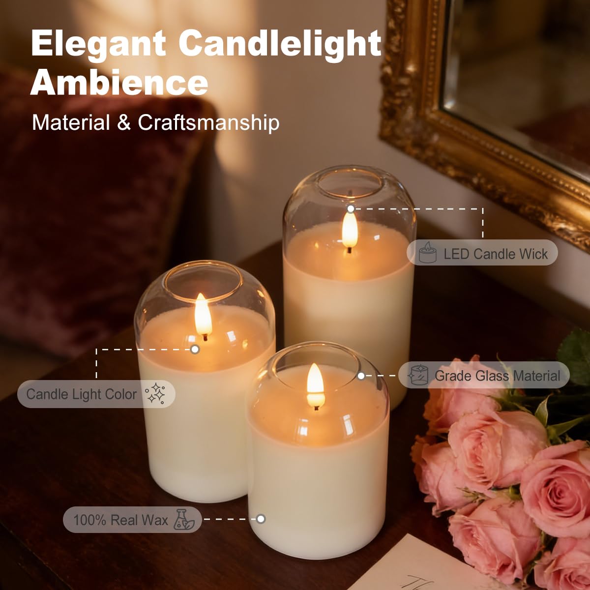 LEDHOLYT Rechargeable Glass Jar Flameless Candles, Realistic Flickering LED Pillar Real Wax Candle with Remote Control a