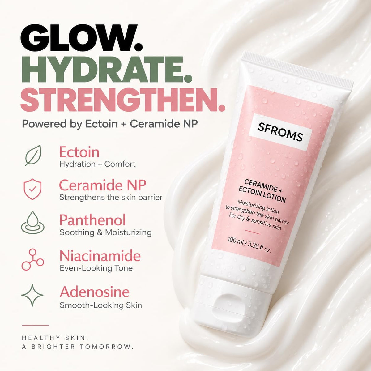 SFROMS Ceramide, Ectoin & Hyaluronic Acid Lotion for Dry & Sensitive Skin, Barrier Repair Moisturizer, Fragrance-Free, D