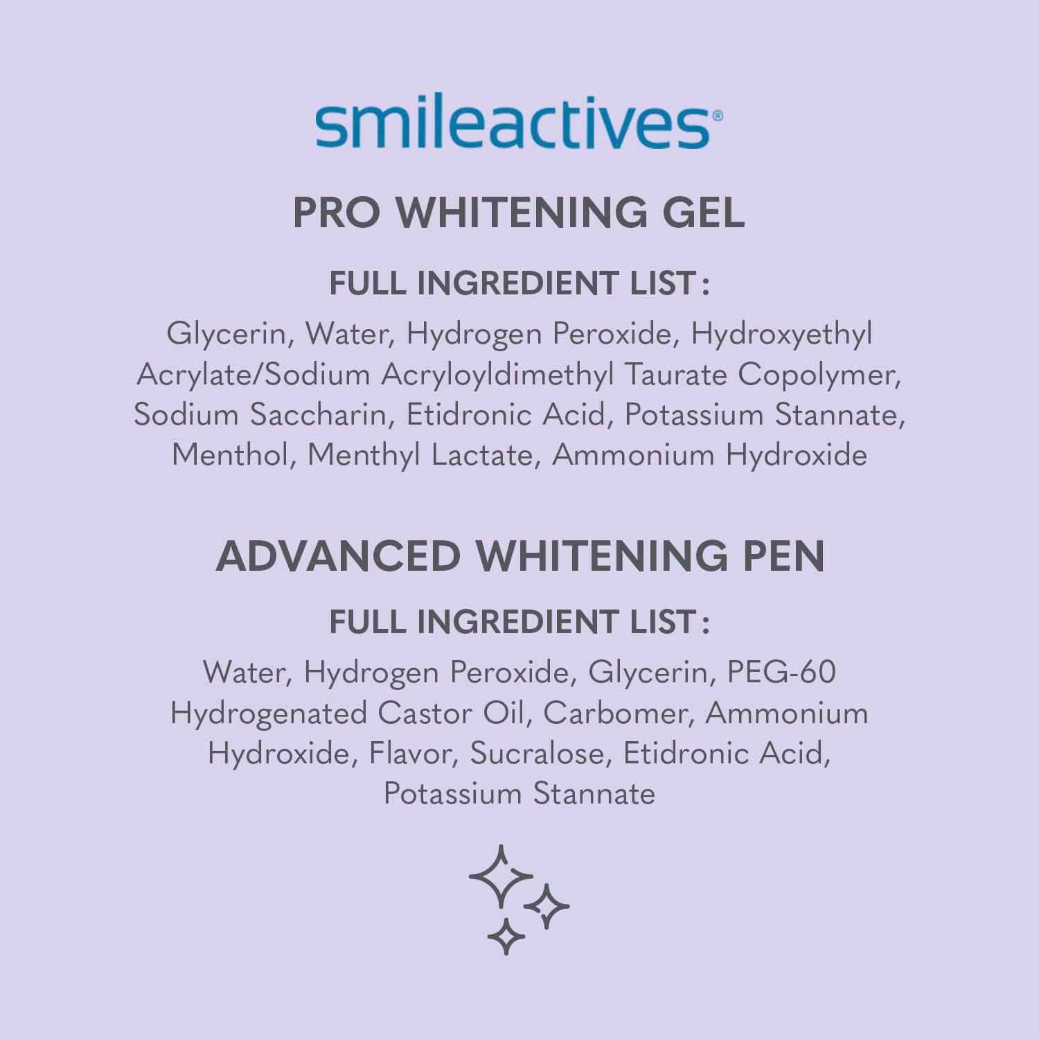 Smileactives teeth whitening kit with whitening gels and tools for a 60-day treatment, shown in the image.