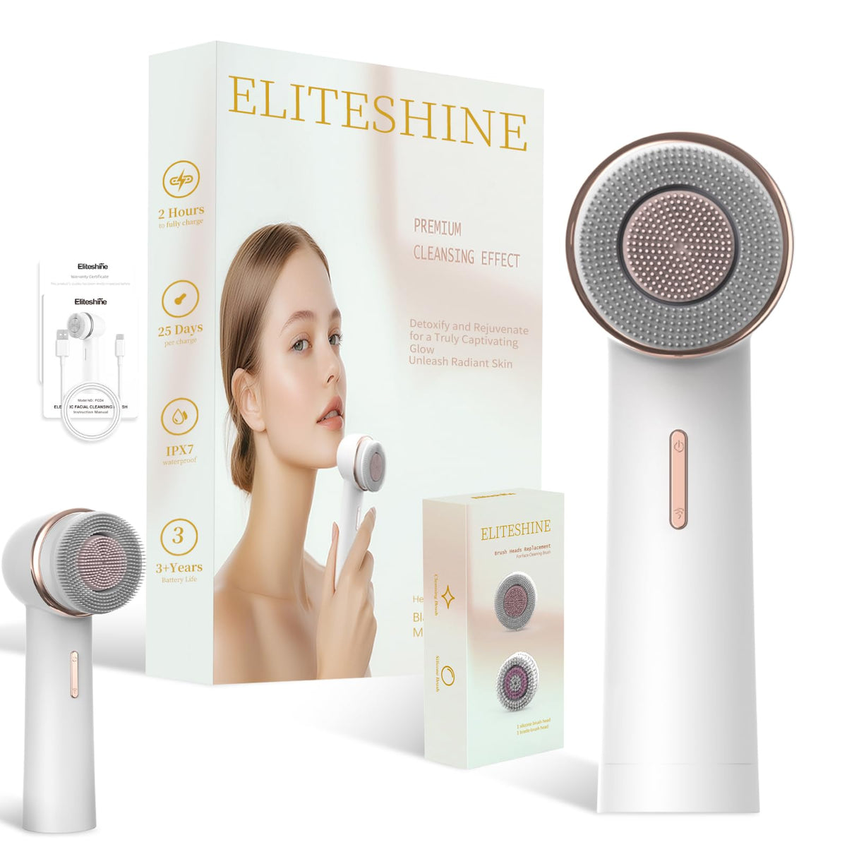 Eliteshine Electric Facial Cleansing Brush, Rechargeable Waterproof Silicone Face Scrubber Exfoliator, Replaceable Brush