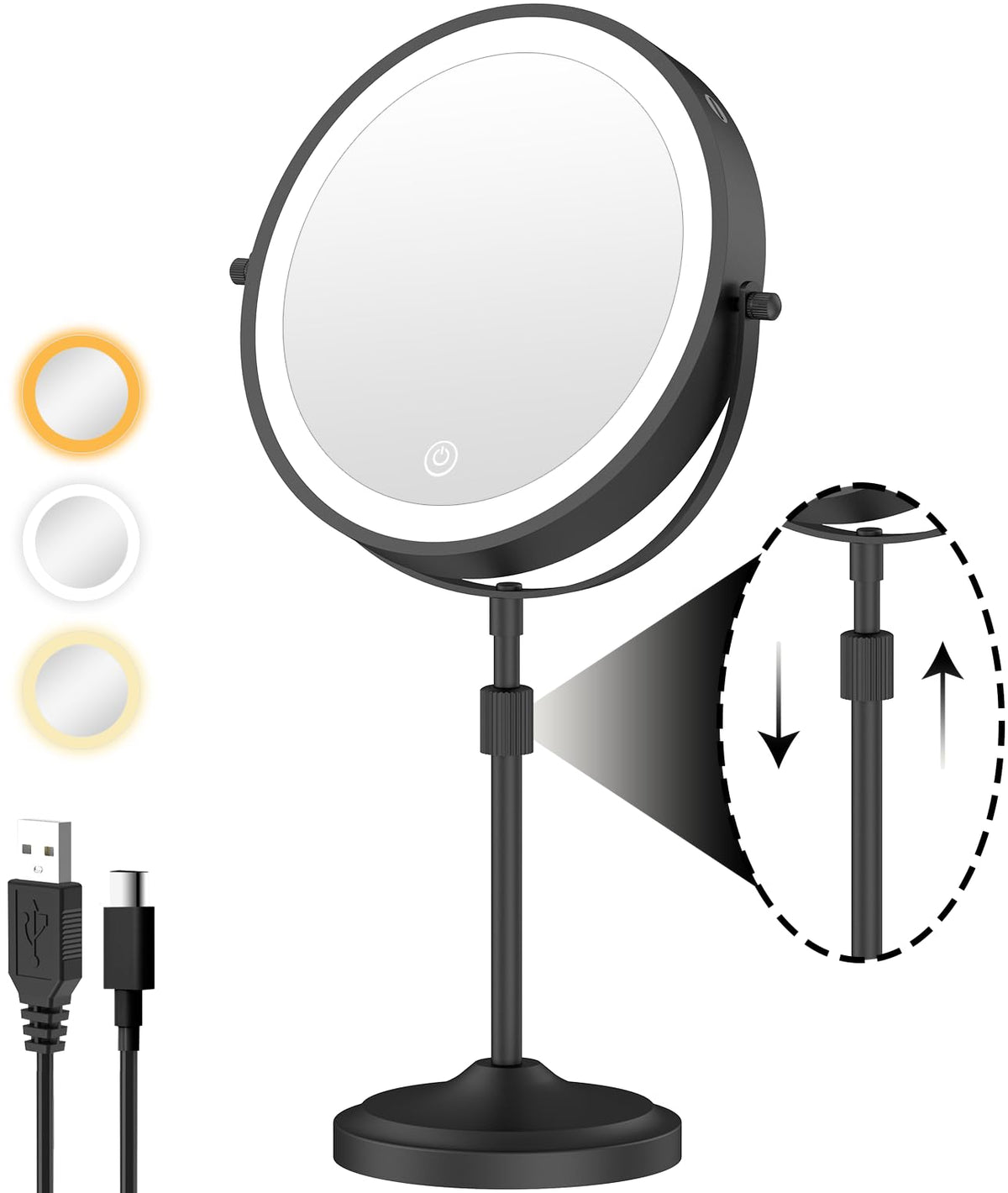 Erlingeryi 9" Tall Lighted Makeup Mirror with Lights and 1X 10X Magnification, Black – 10x Black, Metal