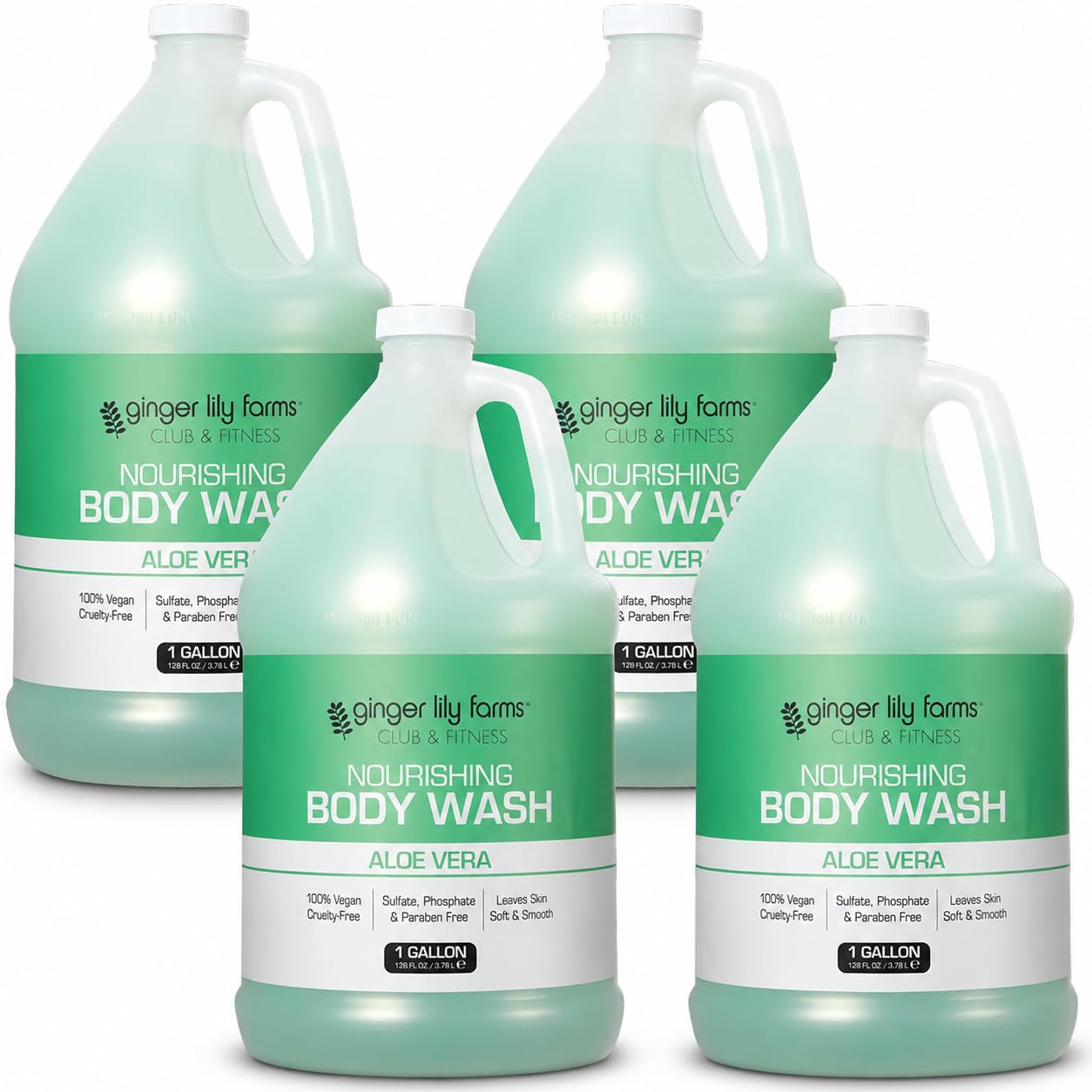 Ginger Lily Farms Aloe Vera Body Wash 4-pack bottle set, moisturizing skin cleaning agent with aloe vera for gentle cleansing.