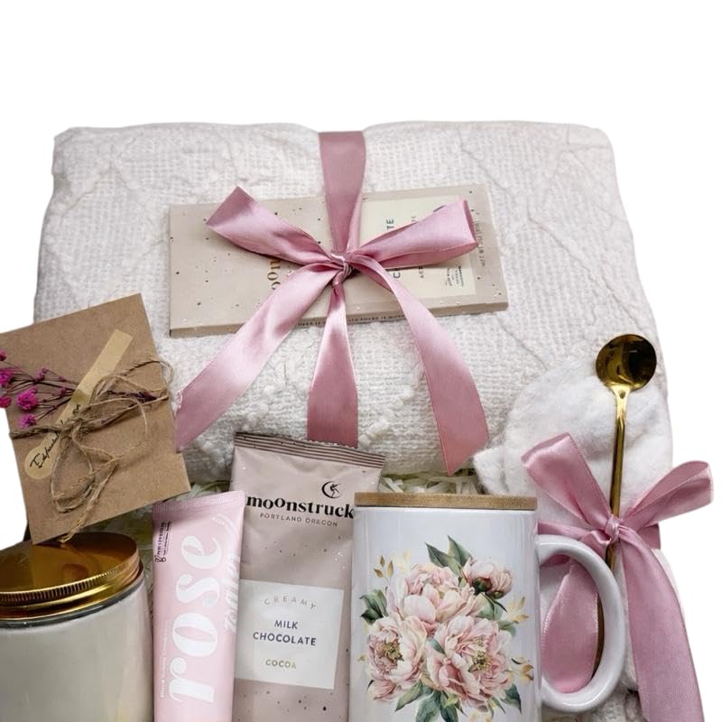 Taniri Luxury Spa Self Care Gift Box for Women, with Plush Throw Blanket, Insulated Mug, Candle, Chocolate, Hand Cream, 