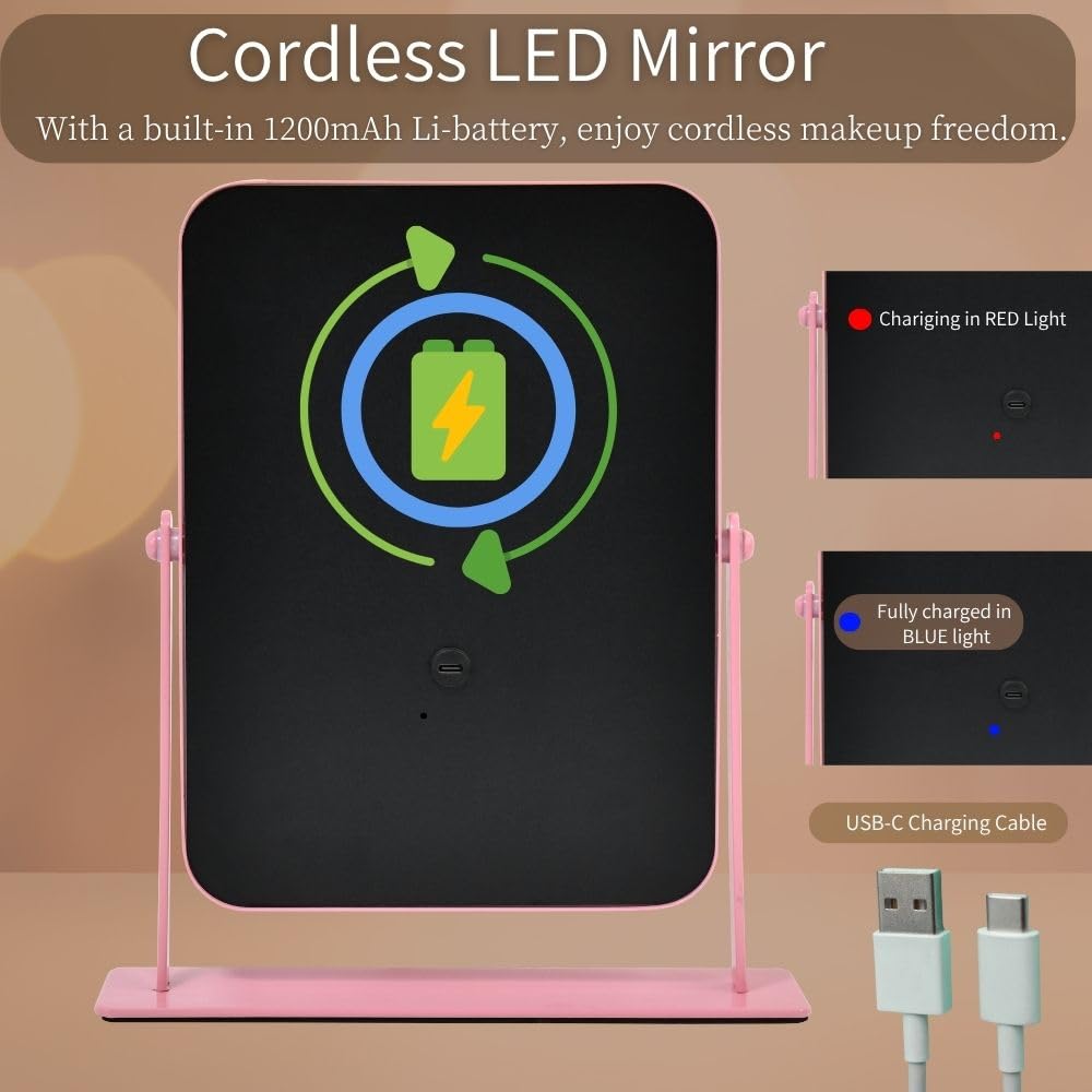 LAKFUES Pink LED Makeup Mirror with Lights – Rechargeable Wireless Vanity Mirror for Desk – Adjustable Brightness, 3 Col