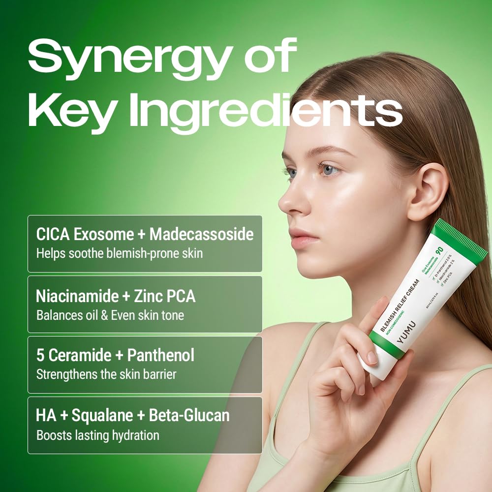 YUMU Cica Exosome Zinc Blemish Relief Cream, Face Moisturizer for Sensitive, Acne-Prone Skin, Lightweight, Breakouts, Ba
