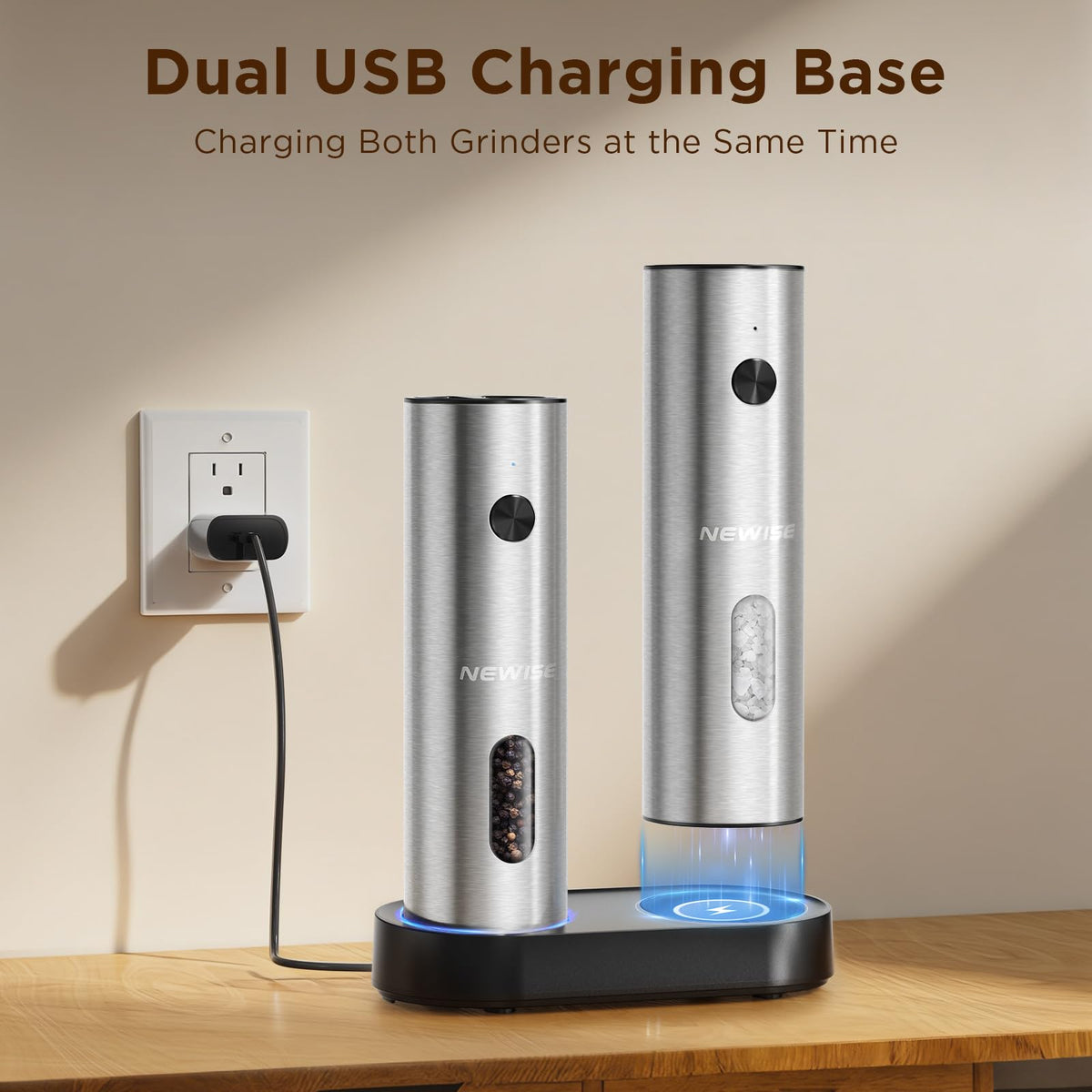 Electric Salt and Pepper Grinder Set Charging Base Stainless - Newise Official Imagery - 4