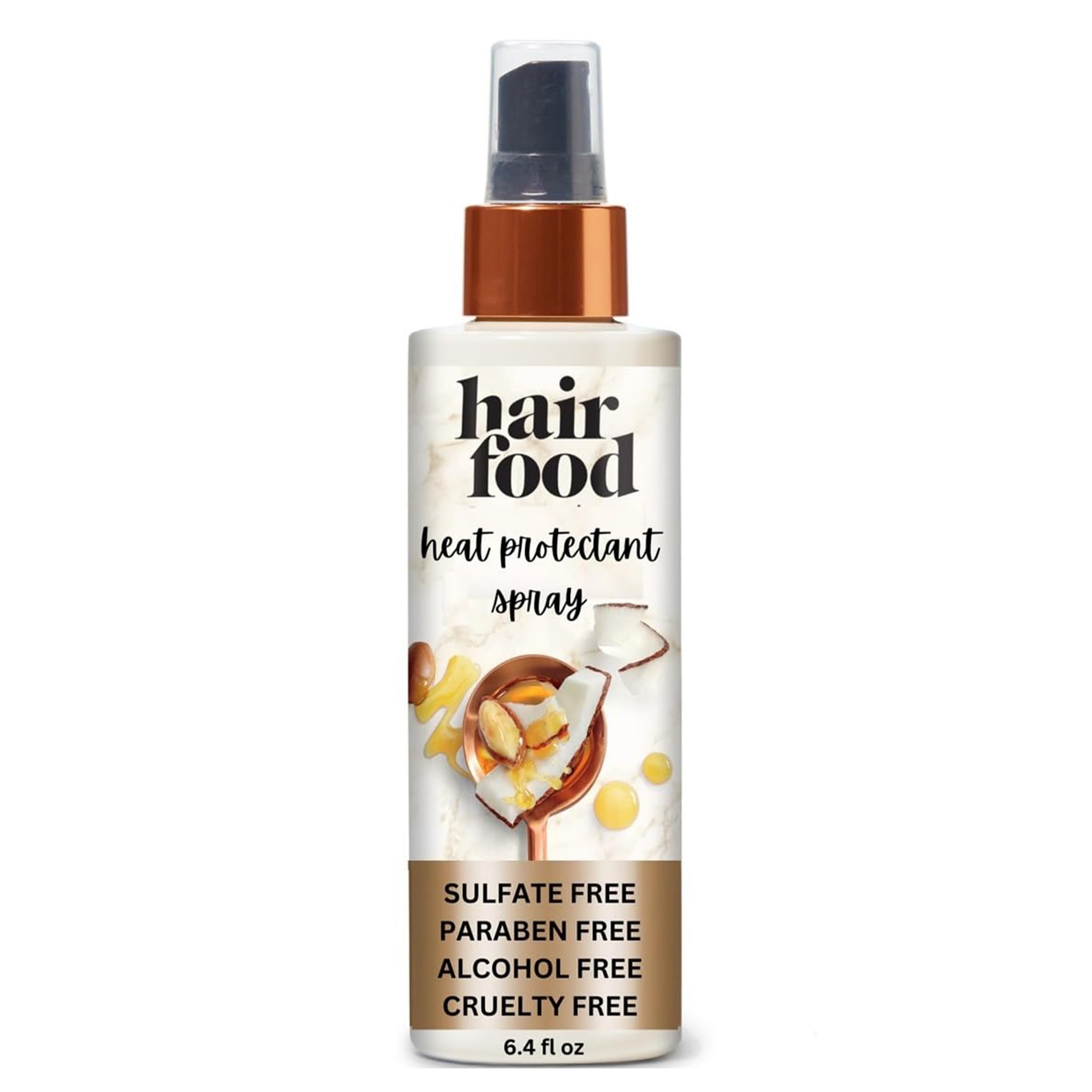 Hair Food Coconut & Argan Oil Heat Protectant Spray bottle, 6.4 fl oz, with pump dispenser and product label visible.