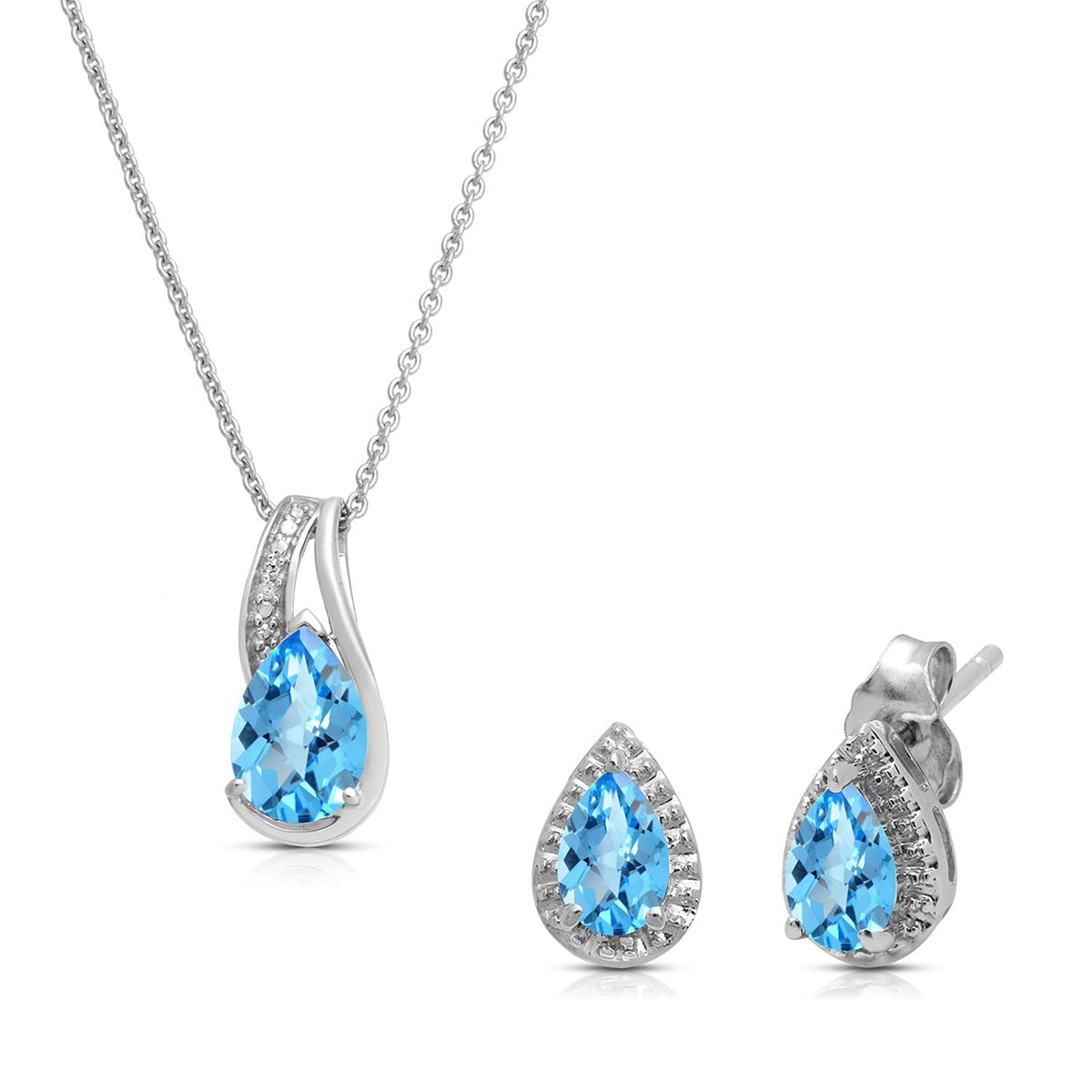 Jewelili Sterling Silver Blue Topaz Pear with Diamond Pendant, Necklace and Earrings Box Set – blue, Metal