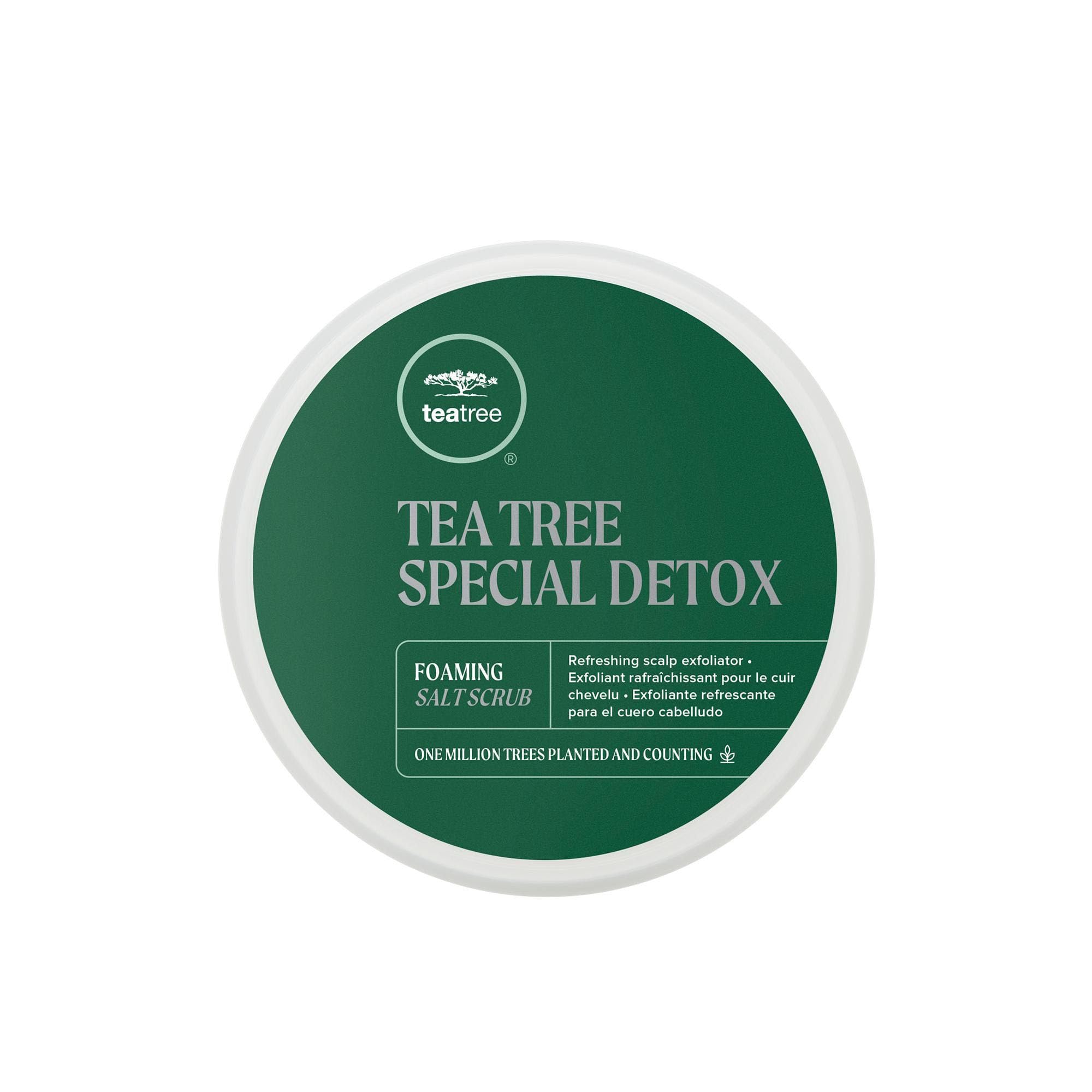 Tea Tree Special Detox Foaming Salt Scrub for hair, exfoliates and refreshes scalp, suitable for all hair types, 6.5 oz bottle.