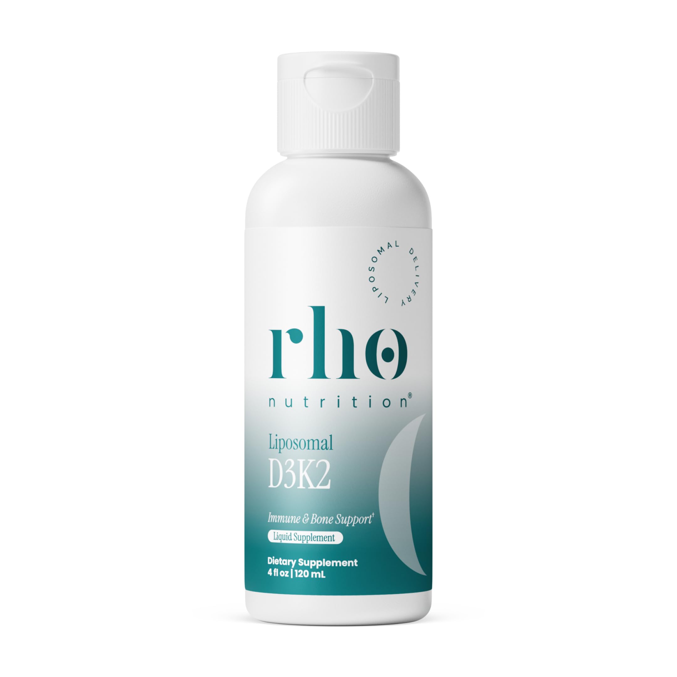 Rho Nutrition Liposomal D3K2 vitamin liquid supplement in a clear glass bottle with orange and blue labeling.
