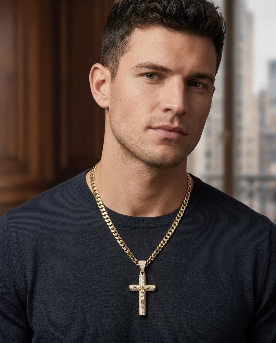 Holylegend 14K Gold-Plated Miami Chain Cross Necklace for Men with Luxury Gift Box, Jesus Christ Crucifix Pendant, Chris