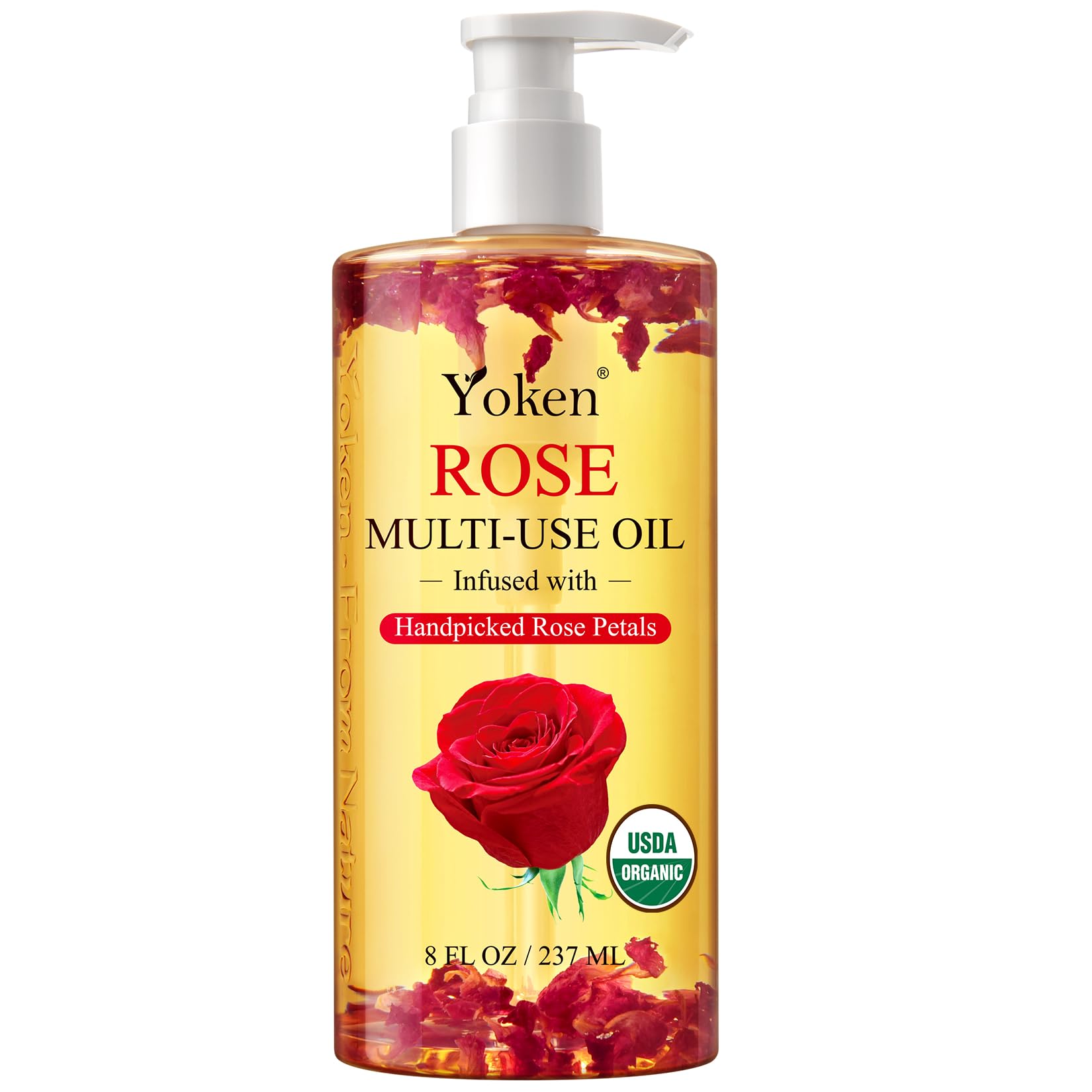 Organic Rose Multi-Use Body Oil For Skin Body, USDA Certified with Petals