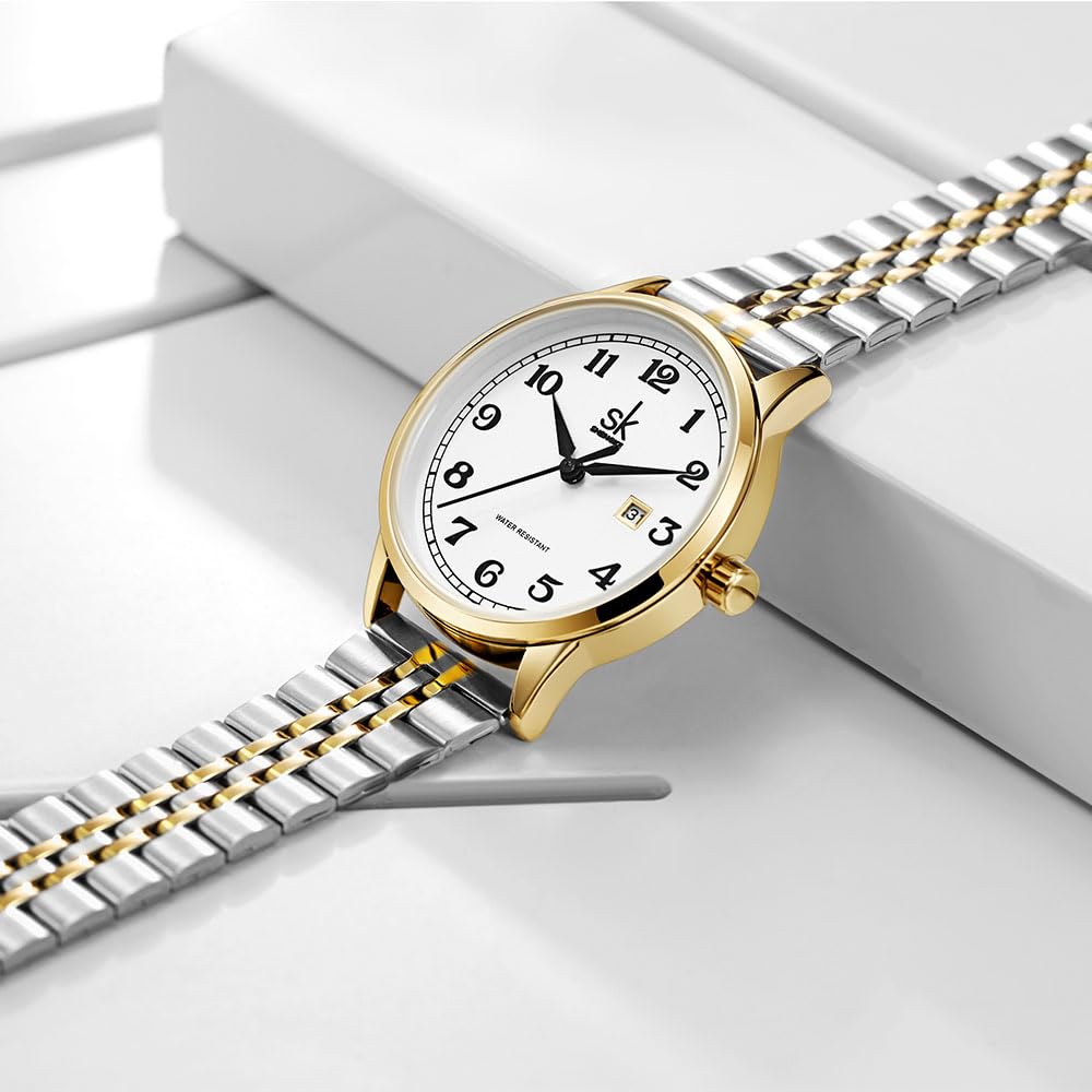 SHENGKE SK Classic Business Women Watches with Stainless Steel Band and Genuine Leather Elegant Ladies Calendar Watch – 