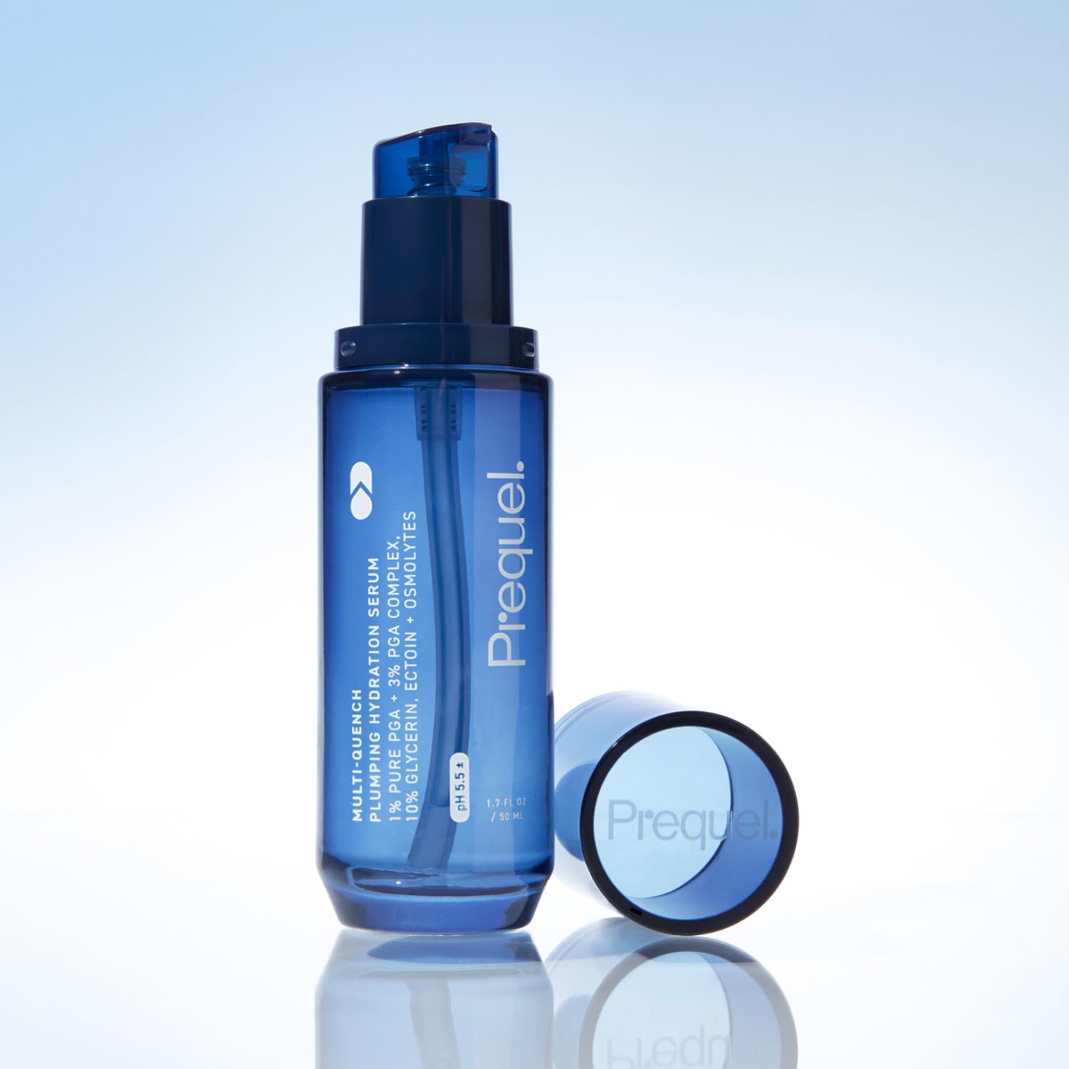 Prequel Skin Serum Multi Quench Hydration with PGA Complex for dry skin, featuring a clear bottle and dropper applicator.