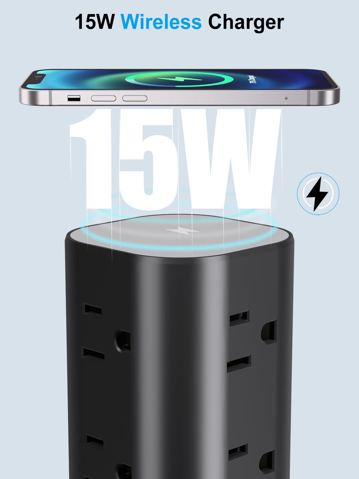 UWIWUTEI 6FT Power Strip Tower with Wireless Charger,Surge Protector with 12 Outlets – close-up detail in Black