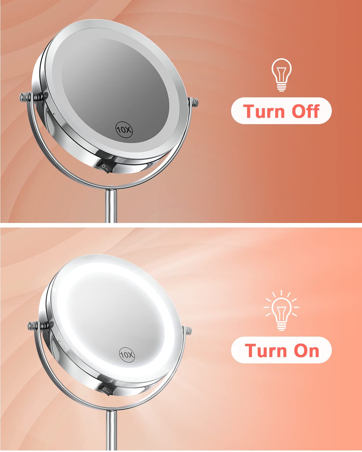 Benbilry 10X Magnifying LED Makeup Mirror, 7" Double Sided Standing Mirror for Desk – full view