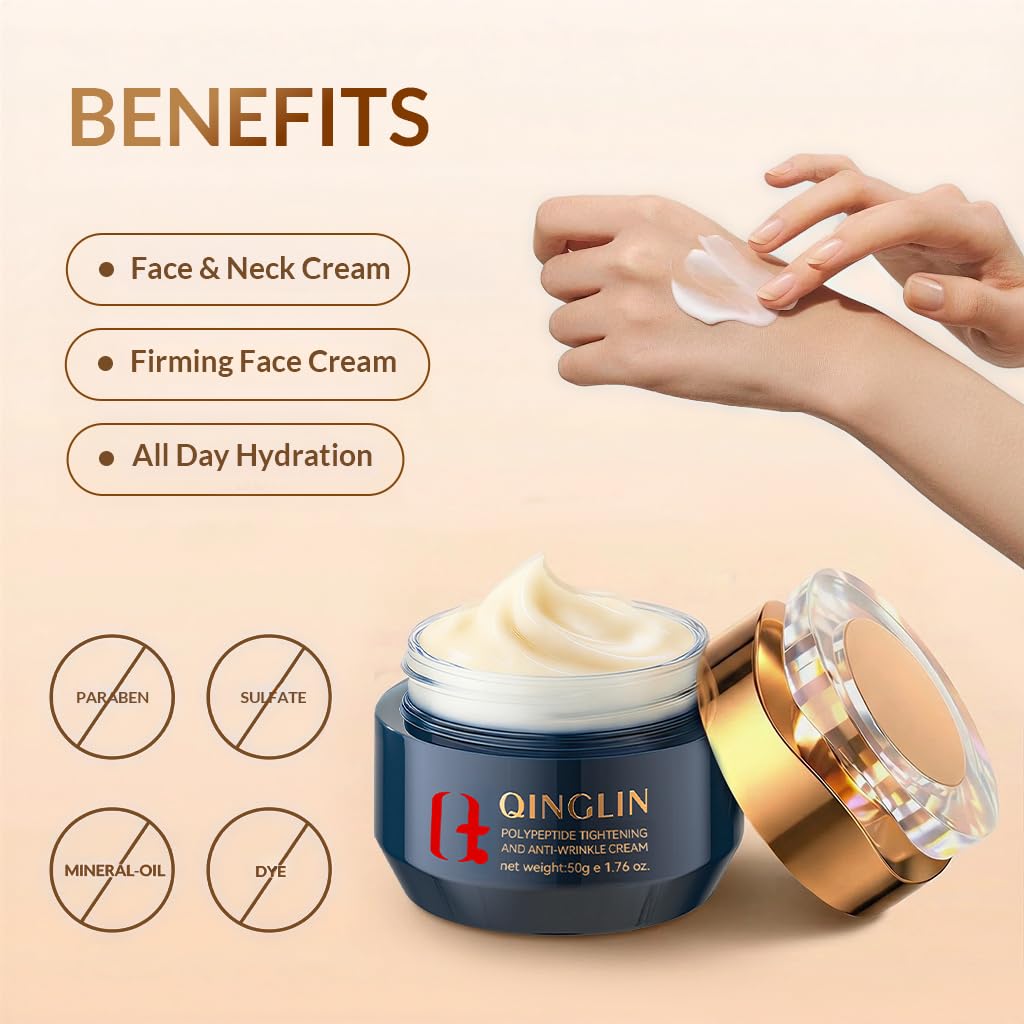 QINGLIN Peptide Face Cream, Firming Moisturizer with Hyaluronic Acid – packaging and label
