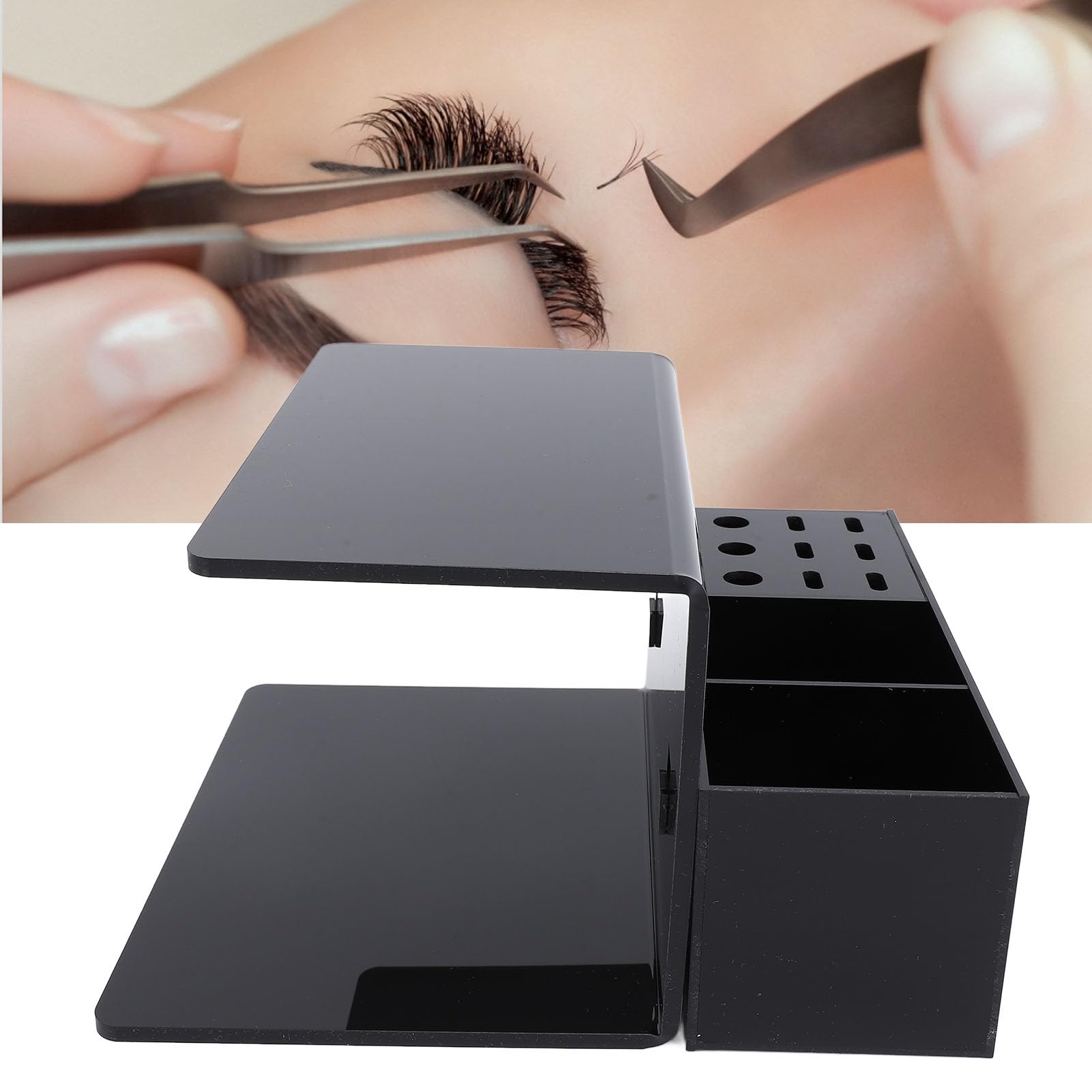 CCYLEZ Professional Eyelash Extension Organizer, Adjustable Height Acrylic Eyelash Pillow Stand with Storage Compartments for Salon Lash Artists Black 19.8x7.5x7.3cm