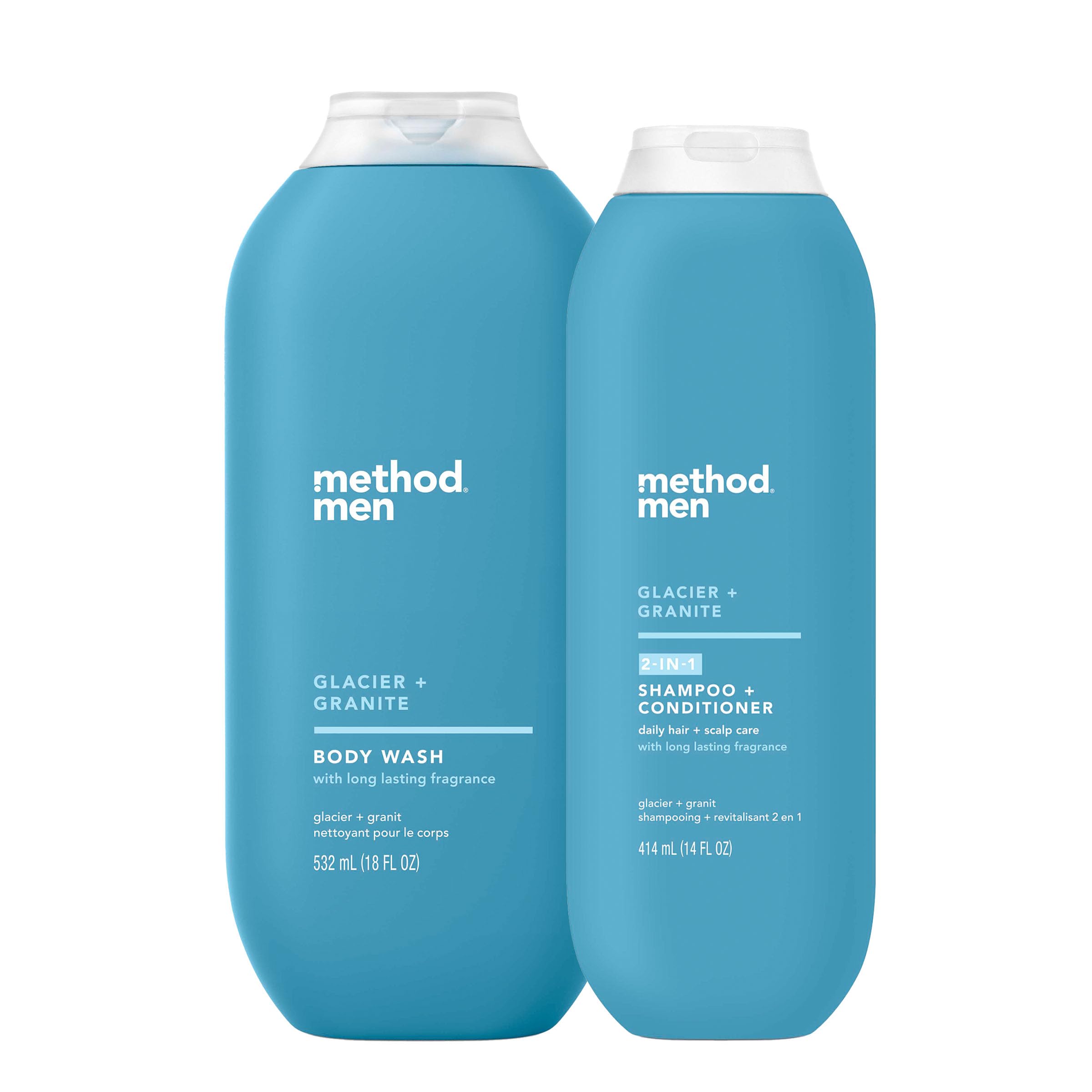 Method 2-in-1 shampoo, conditioner, and body wash in Glacier + Granite scent, with sleek bottle and eco-friendly design.