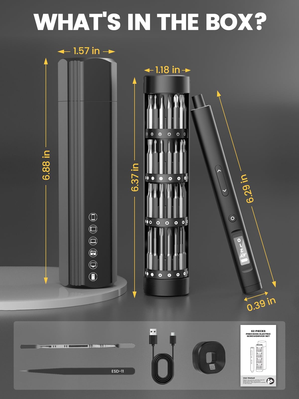 Sowkos Mini Electric Screwdriver Set, 60 Precision Bits, 4 Torque Settings – close-up detail