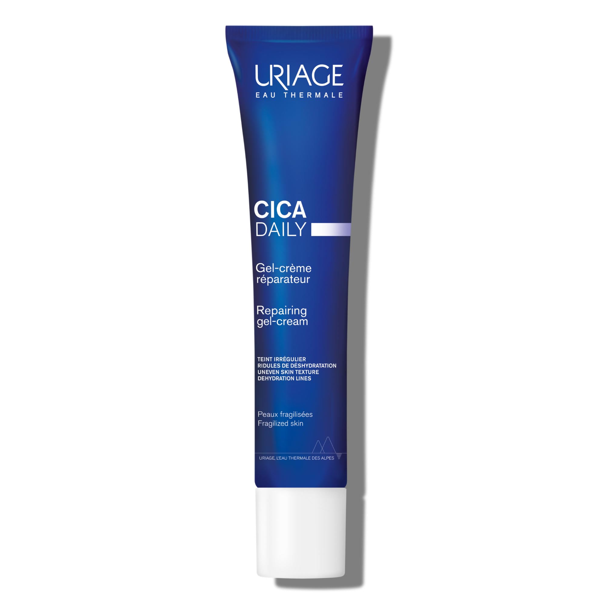Uriage Cica Daily Fresh Gel Cream moisturizer for face, oil-free skincare product in a clear jar with a blue lid.