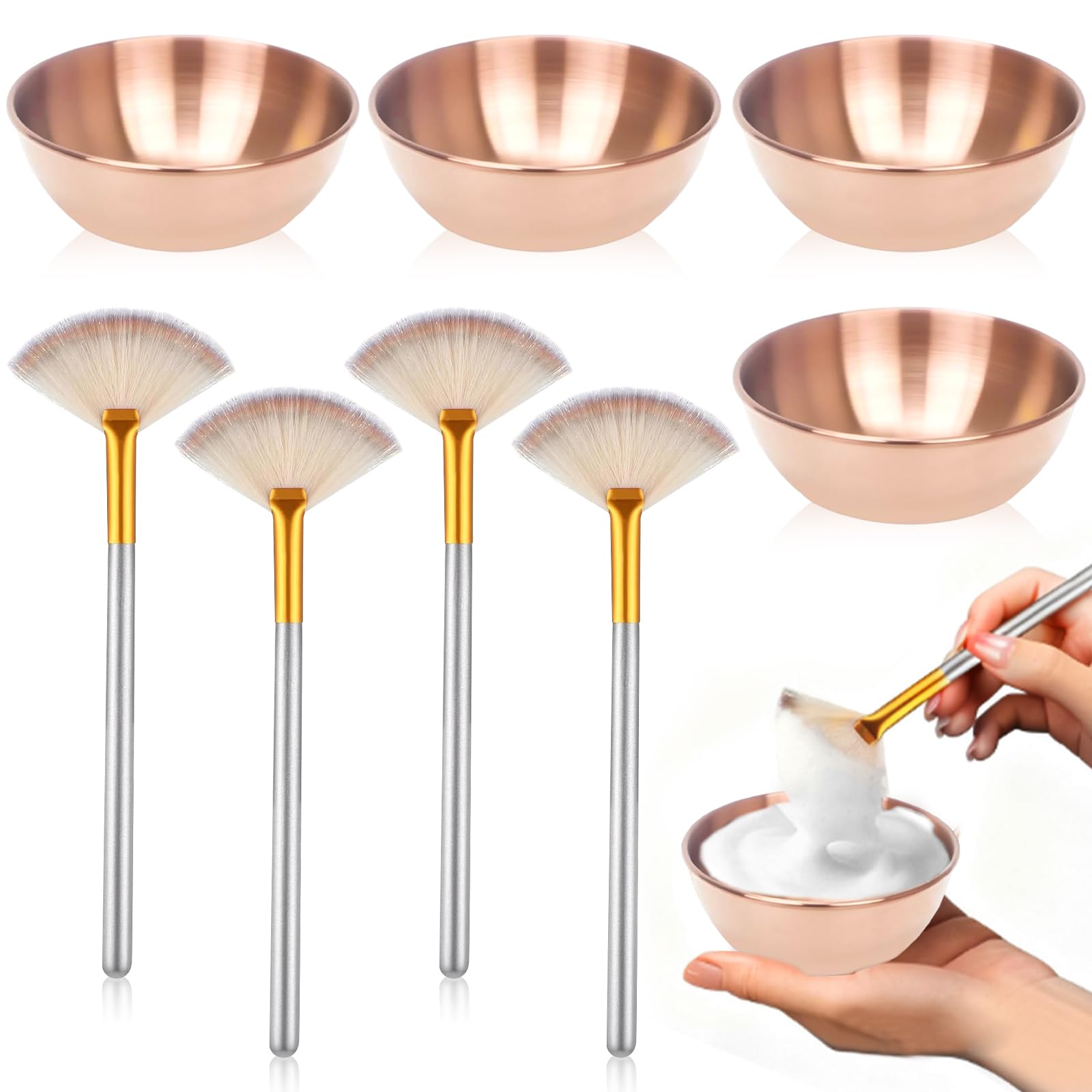 8 Pcs Rose Gold Esthetician Supplies 4 Facial Fan Brushes - Product Imagery