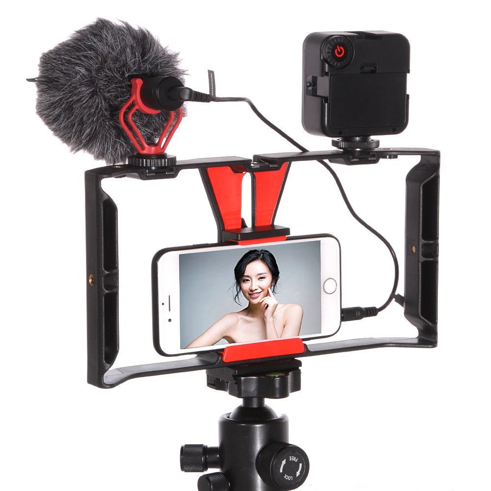 FocusFoto Smartphone Video Rig Camera Cage Mount Holder Stabilizer Handle Grip with BOYA BY-MM1 Shotgun Microphone Mic +