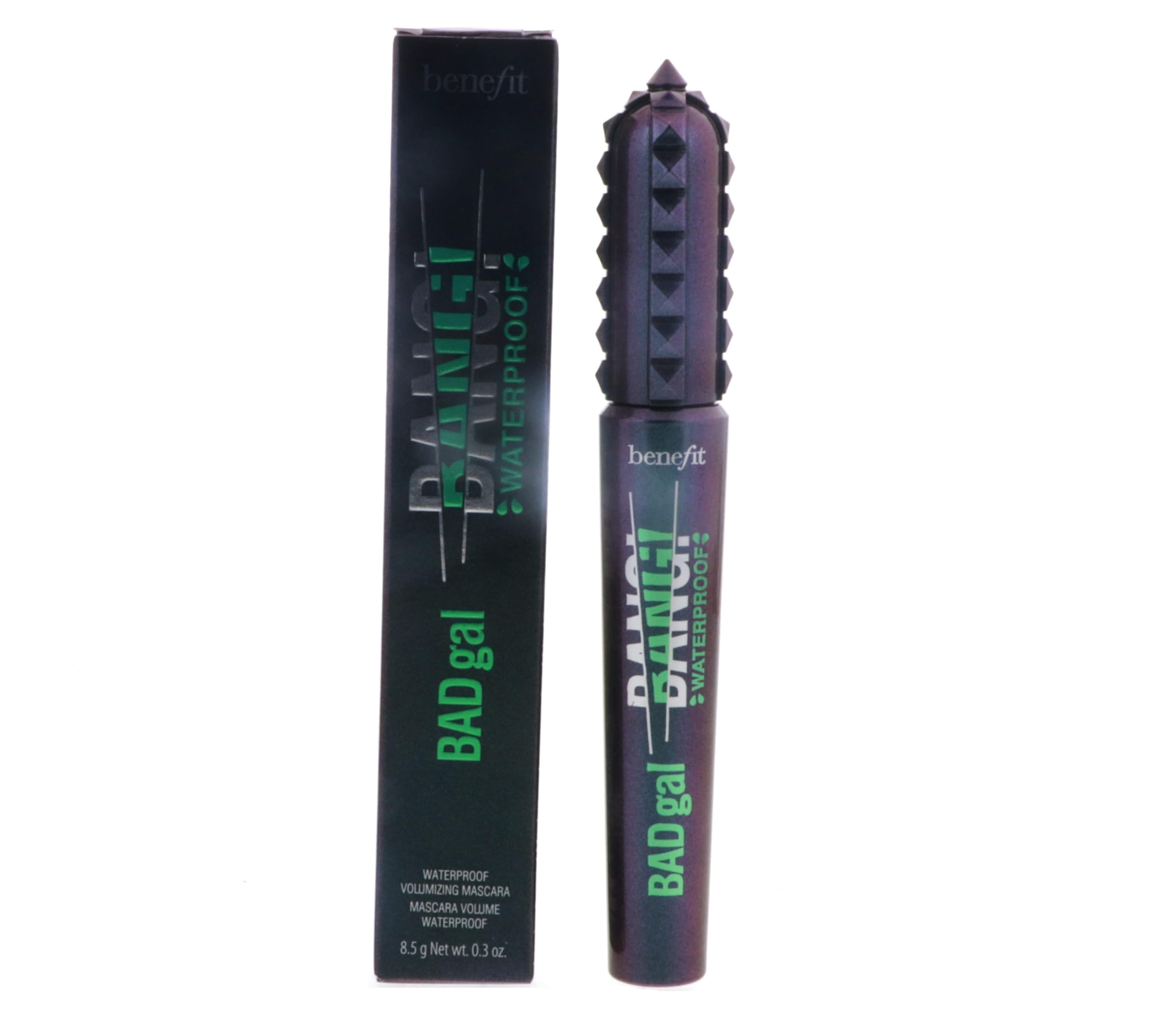 Benefit Badgal Bang! waterproof volumizing mascara in 0.3 ounces with a curved brush, designed to enhance and volumize lashes.