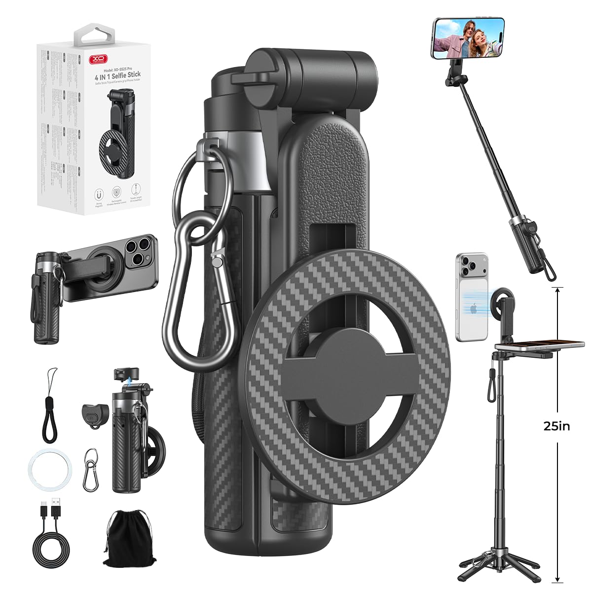 XO Upgrated 5-in-1 Magnetic Selfie Stick with Remote for Cell Phone 360° Rotation.Can Transforms into Mini Tripod/Camera