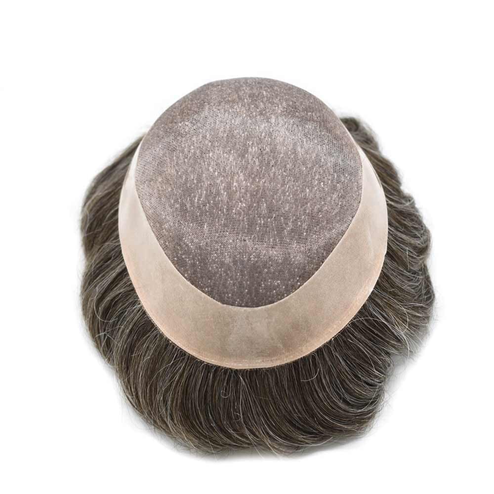 Curve Hair Mens Toupee Human Hair Piece Replacement System Monofilament Wig Hair Unit for Men Durable Poly Coated Mens Hairpiece (#340 Dark Brown+40% Gray, 7"X9")