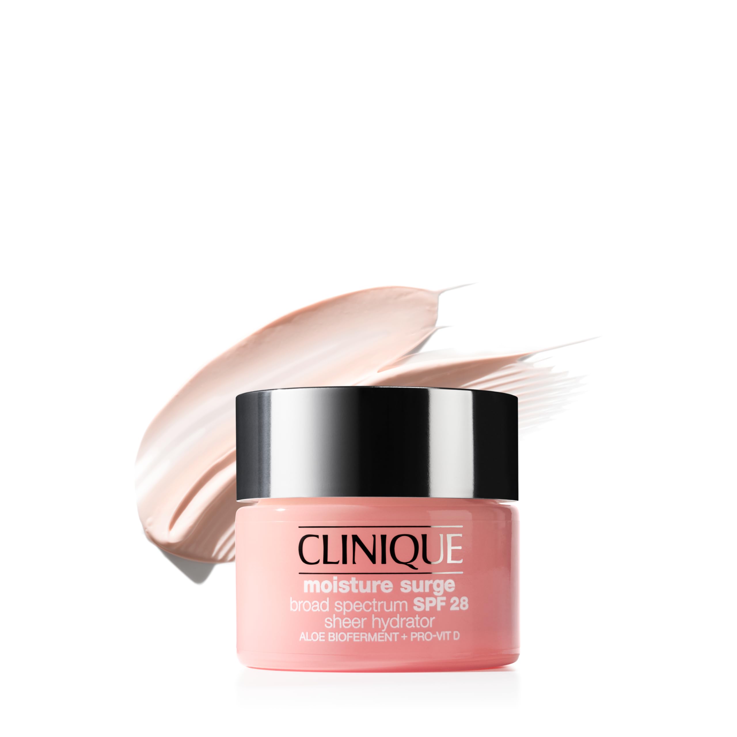 Clinique Moisture Surge SPF 28 hydrating face moisturizer with hyaluronic acid, aloe bioferment, and provitamin D in a 1.7 oz jar