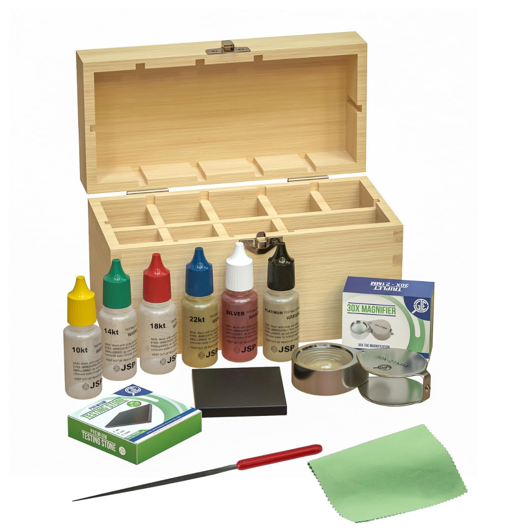 GTE Precious Metal Jewelry Testing Kit Gold Silver Platinum Test Acids Wooden Box 30X Eye Loupe 10K 14K 18K 24K Needle F