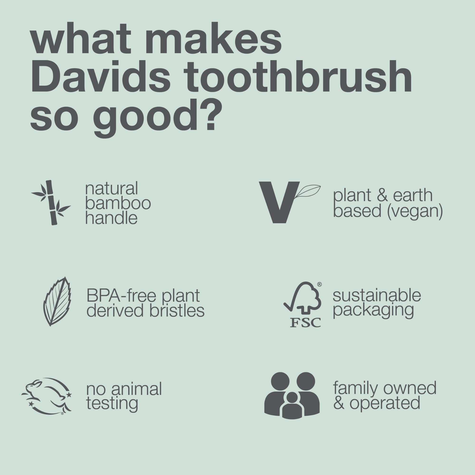 Davids bamboo toothbrush soft bristles, BPA-free eco-friendly toothbrush pack, three-pack with natural bamboo handles.