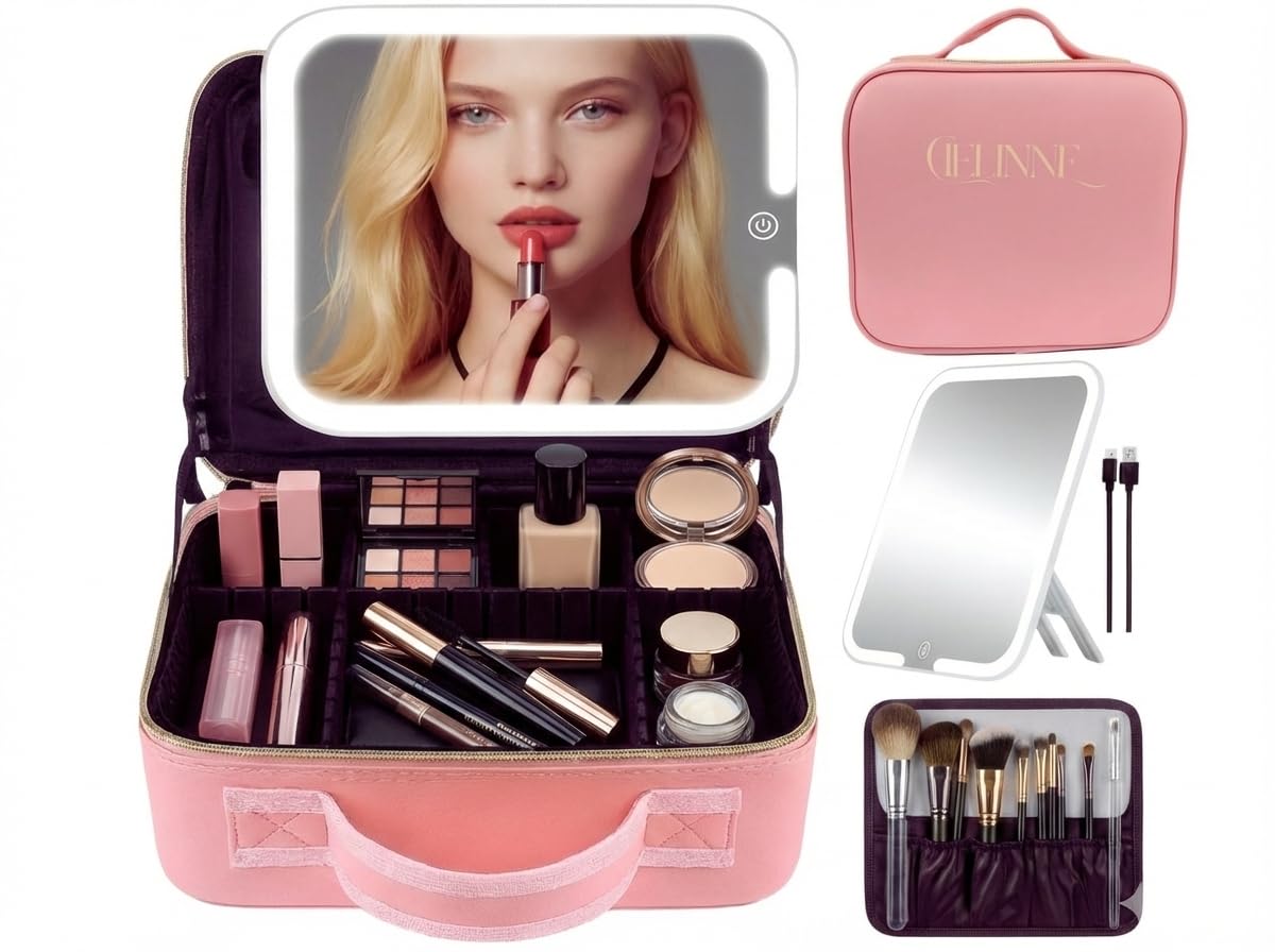 CIELINNE Travel Makeup Bag with LED Mirror, Portable Cosmetic Train Case, Adjustable Brightness in 3 colors Dividers & B