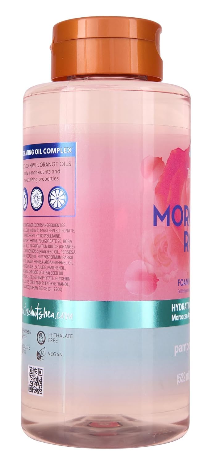 Tree Hut Moroccan Rose foaming gel body wash in 18 oz bottle, rich floral scent, suitable for cleansing and refreshing skin.