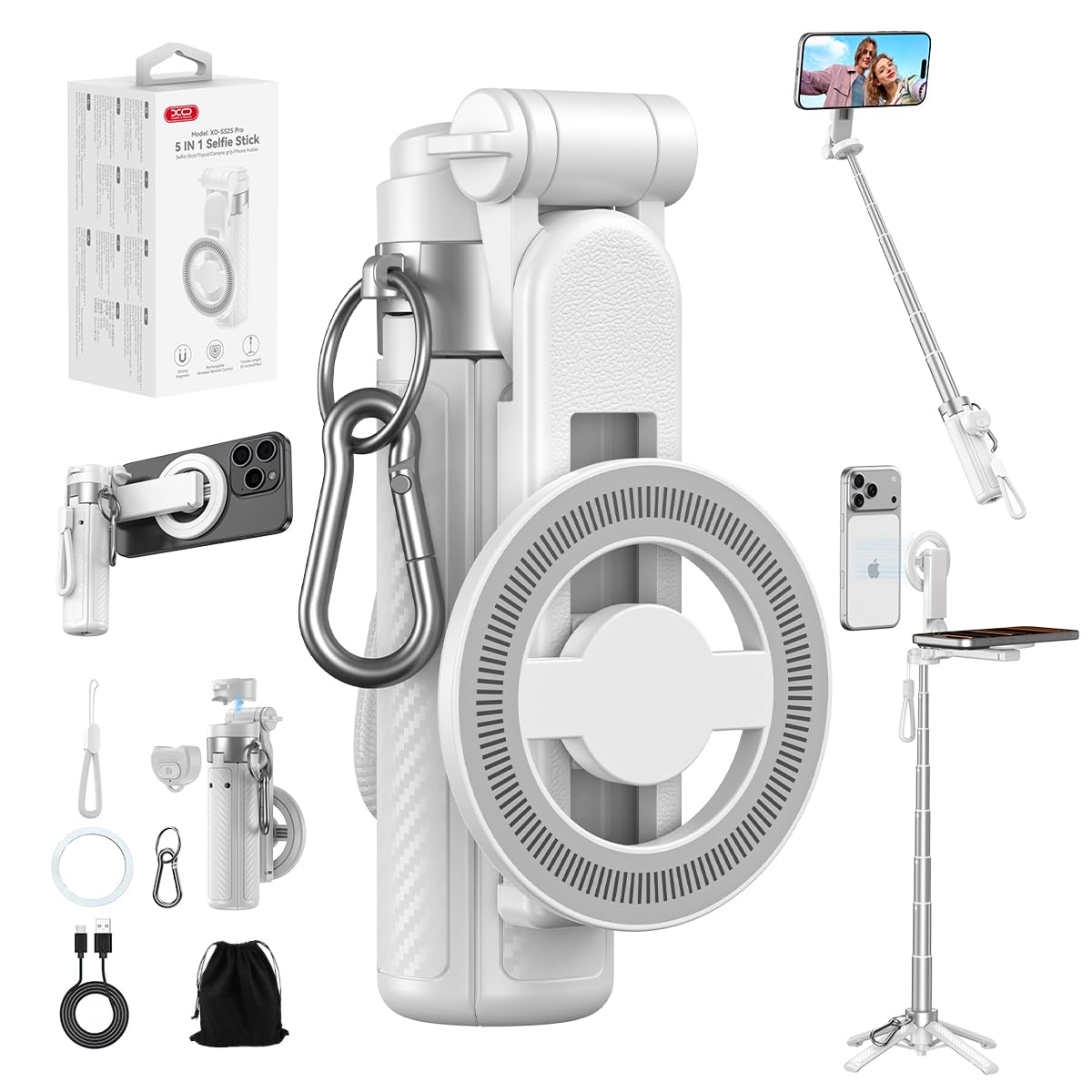 XO Upgrated 5-in-1 Magnetic Selfie Stick with Remote for Cell Phone 360° Rotation.Can Transforms into Mini Tripod/Camera
