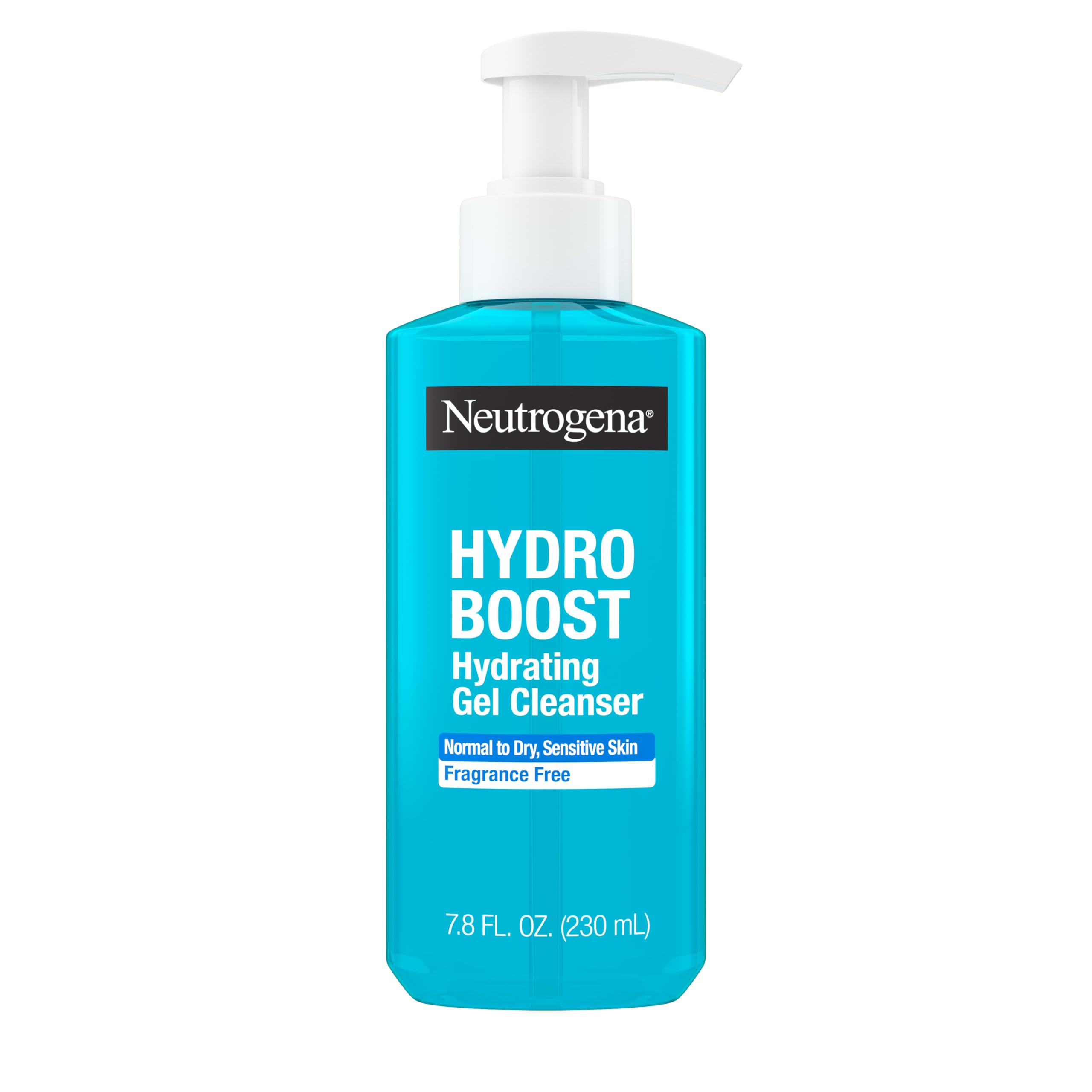 Neutrogena Hydro Boost Hydrating Gel Cleanser in 7.8 oz bottle, fragrance-free skin cleaning agent with hydrating formula.