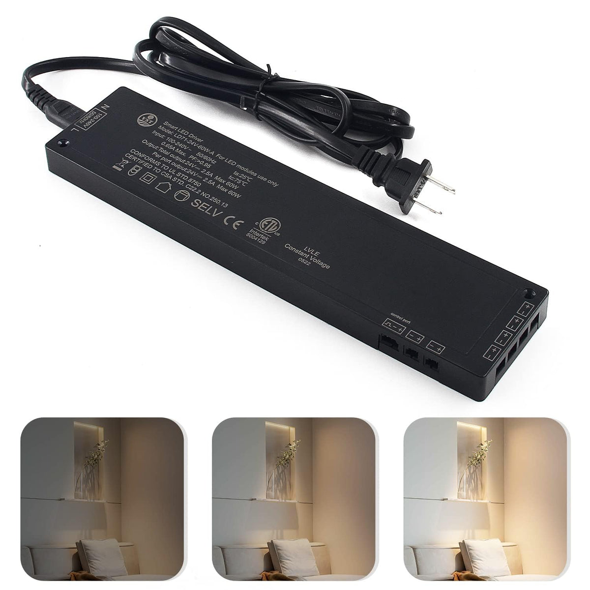 VST 60W LED Power Supply, 100-240V AC to 24V DC Low Voltage Transformer with JST Ports, Adapter for Strip Lights and Cab