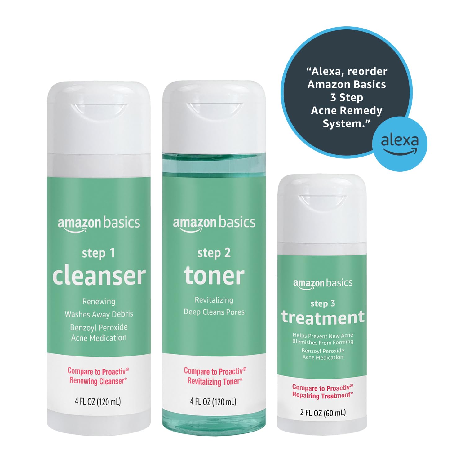 Amazon Basics 3-step acne remedy system bottles, including cleanser, treatment, and moisturizer for clear skin care.