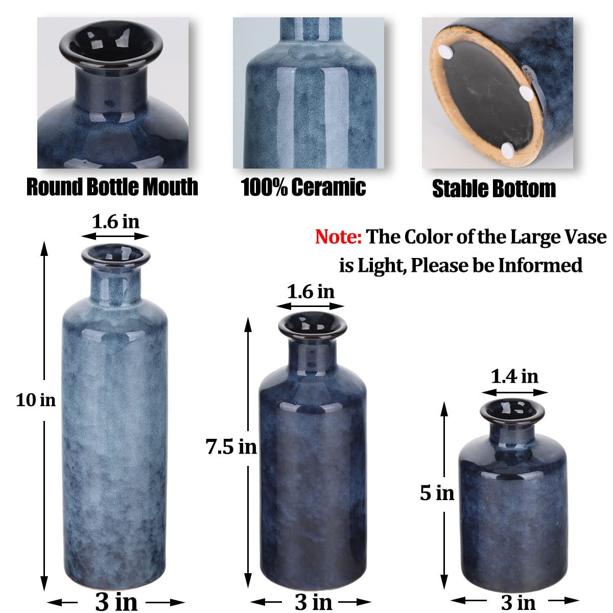 QIANLING Blue Ceramic Vase Set - 3 Blue Small Vases, Farmhouse Country Flower Vase Home Decor, Living Room Decoration, T