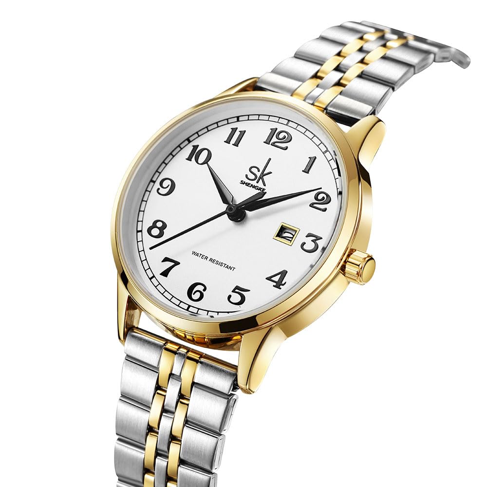 SHENGKE SK Classic Business Women Watches with Stainless Steel Band and Genuine Leather Elegant Ladies Calendar Watch – 