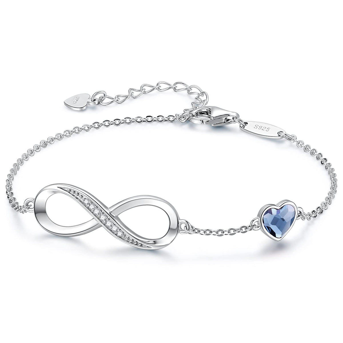 CDE 925 Sterling Silver Infinity Birthstone Bracelet Jewelry Gift for Women – Crystal-Blue, One Size
