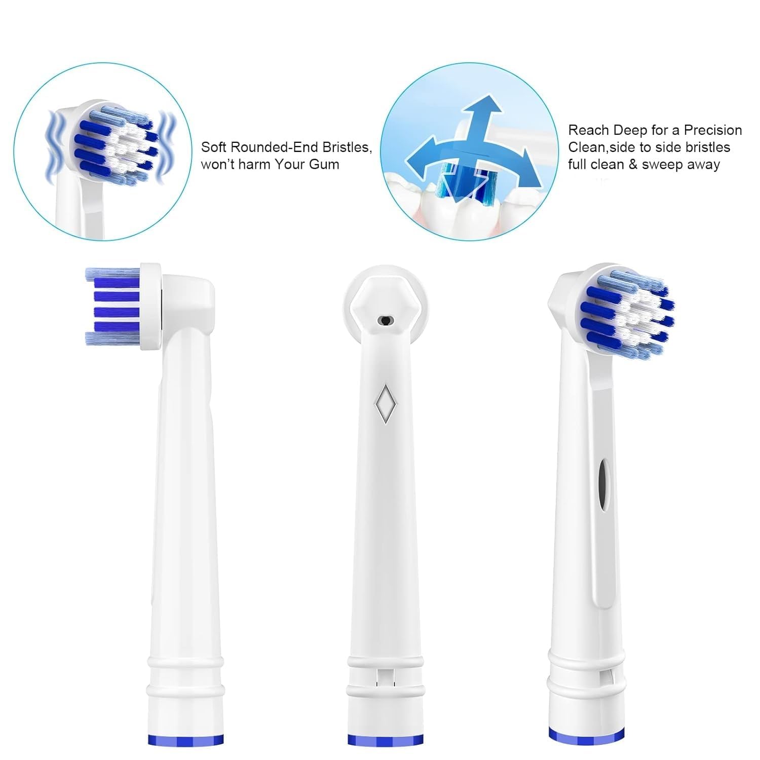 Voguish 8-pack replacement toothbrush heads for Oral-B electric toothbrush, with soft bristles for gentle cleaning.