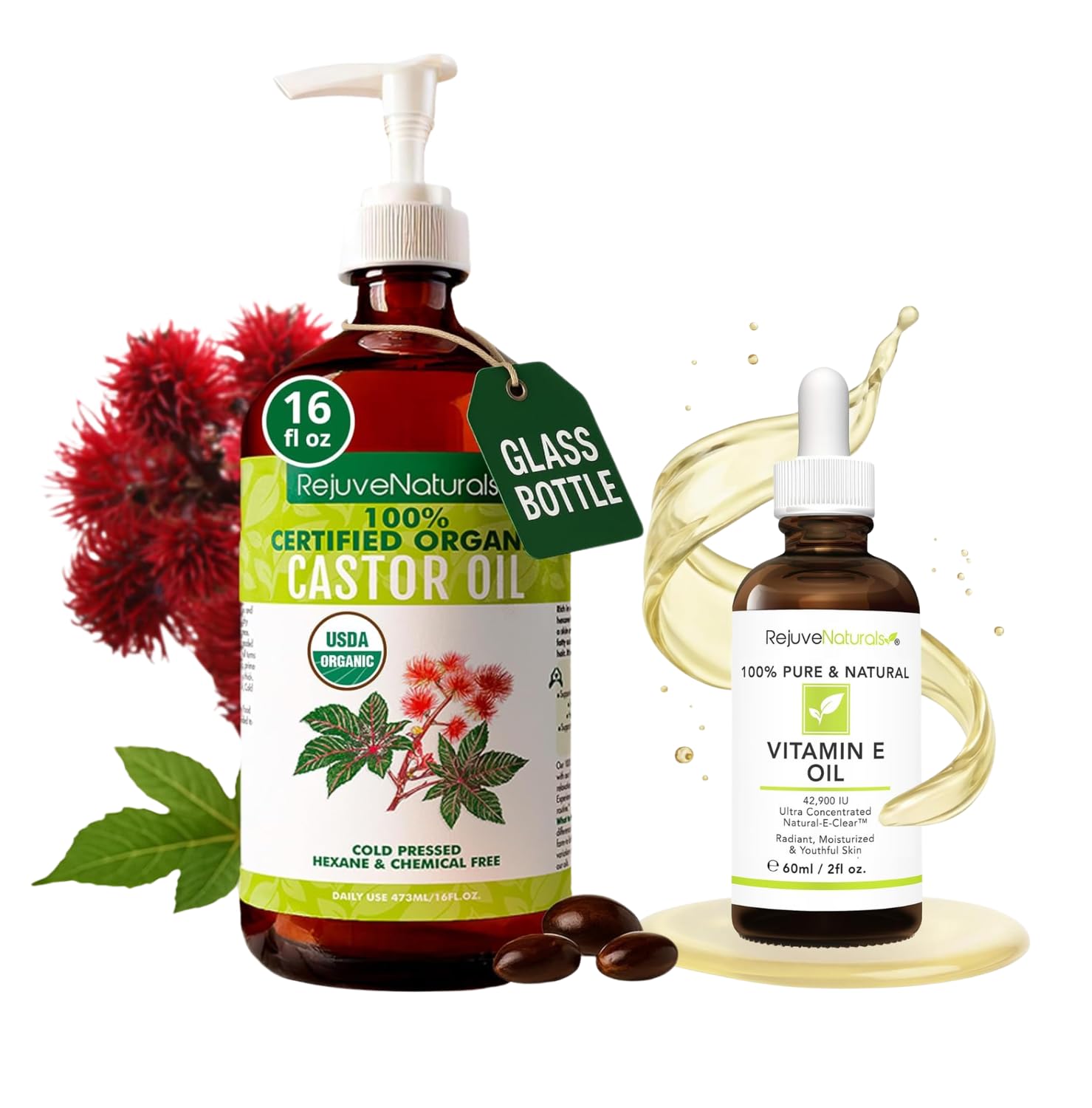 RejuveNaturals Organic Castor Oil (16oz Glass Bottle) + 100% Pure & Natural Vitamin E Oil (2oz) | Ultimate Hair, Lash & Skin Repair Bundle | Cold Pressed, Hexane-Free, Non-GMO | Deep Moisture, Growth