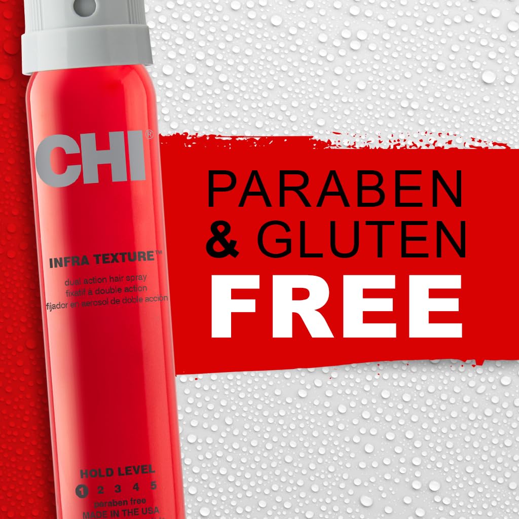 CHI Infra Texture Dual Hair Spray in 2.6oz bottle, adds shine and movement to styled hair, enhances texture and hold.