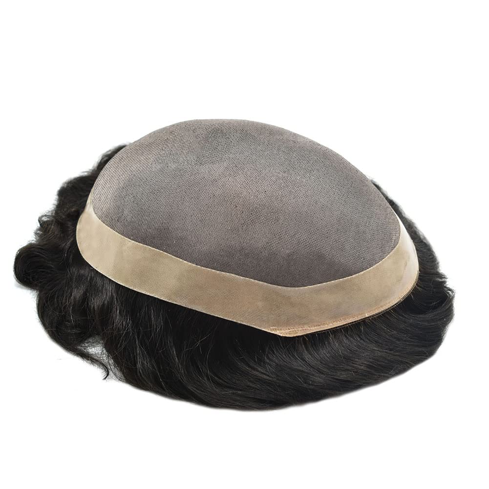 Curve Hair Mens Toupee Human Hair Piece Replacement System Monofilament Wig Hair Unit for Men Durable Poly Coated Mens Hairpiece (#2 Darkest Brown, 6"X9")