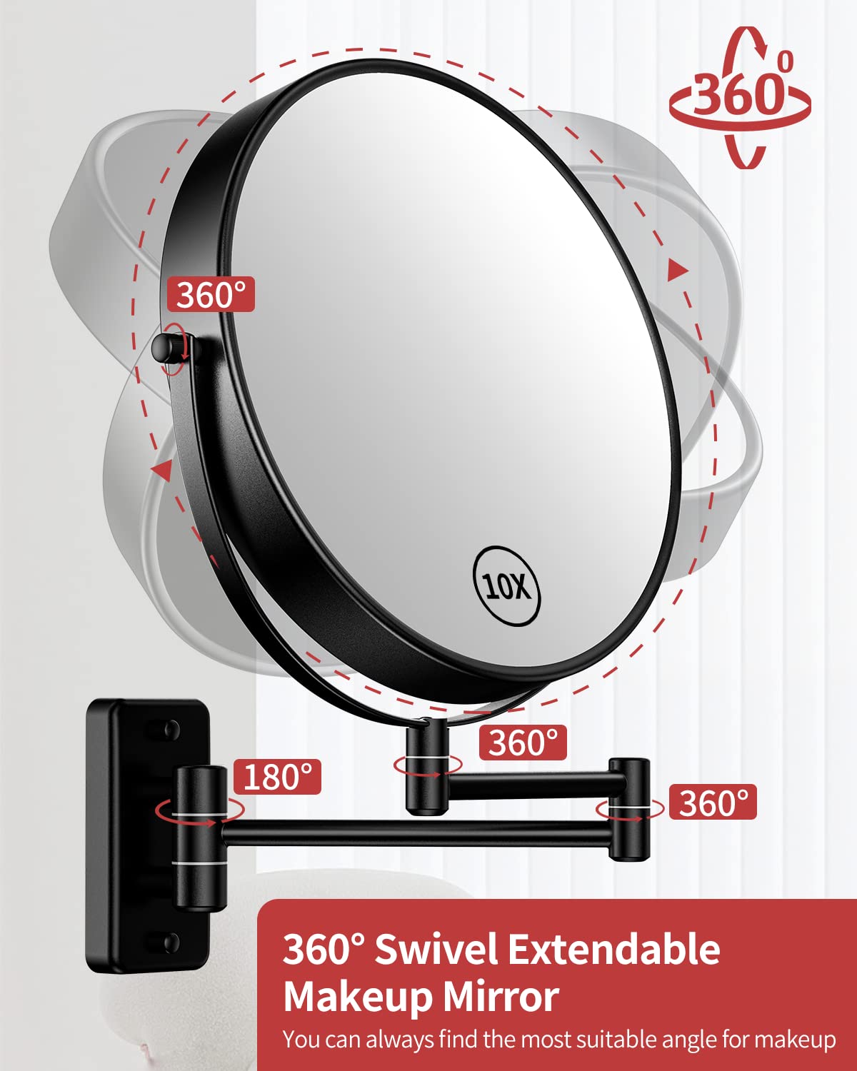 Gospire 9" Large Size Wall Mount Magnifying Mirror, 1X/10X Magnification Double-Sided, 360° Swivel Extendable Cosmet